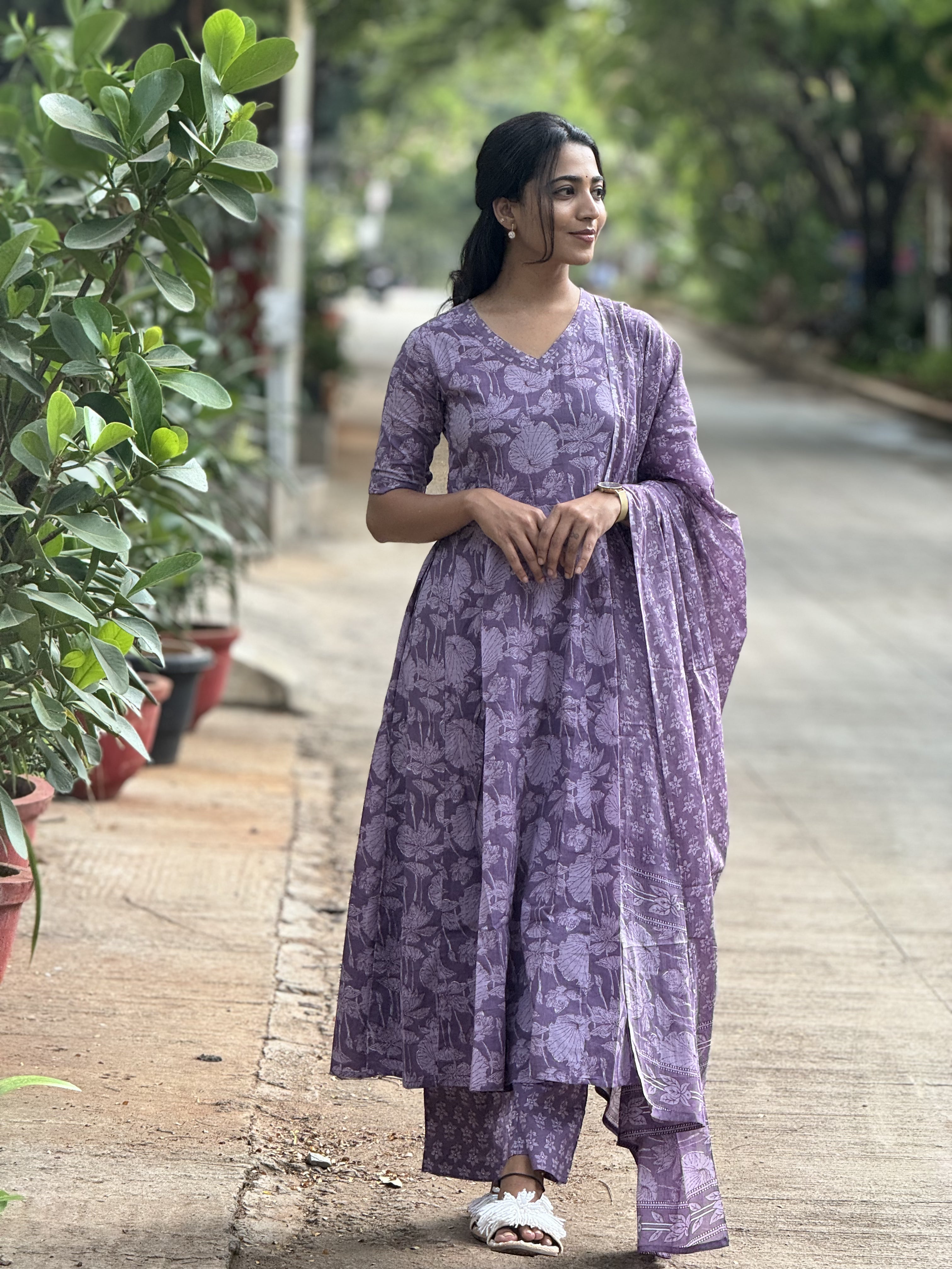 Amayra – Purple Cotton Handblock Print Anarkali Suit Set