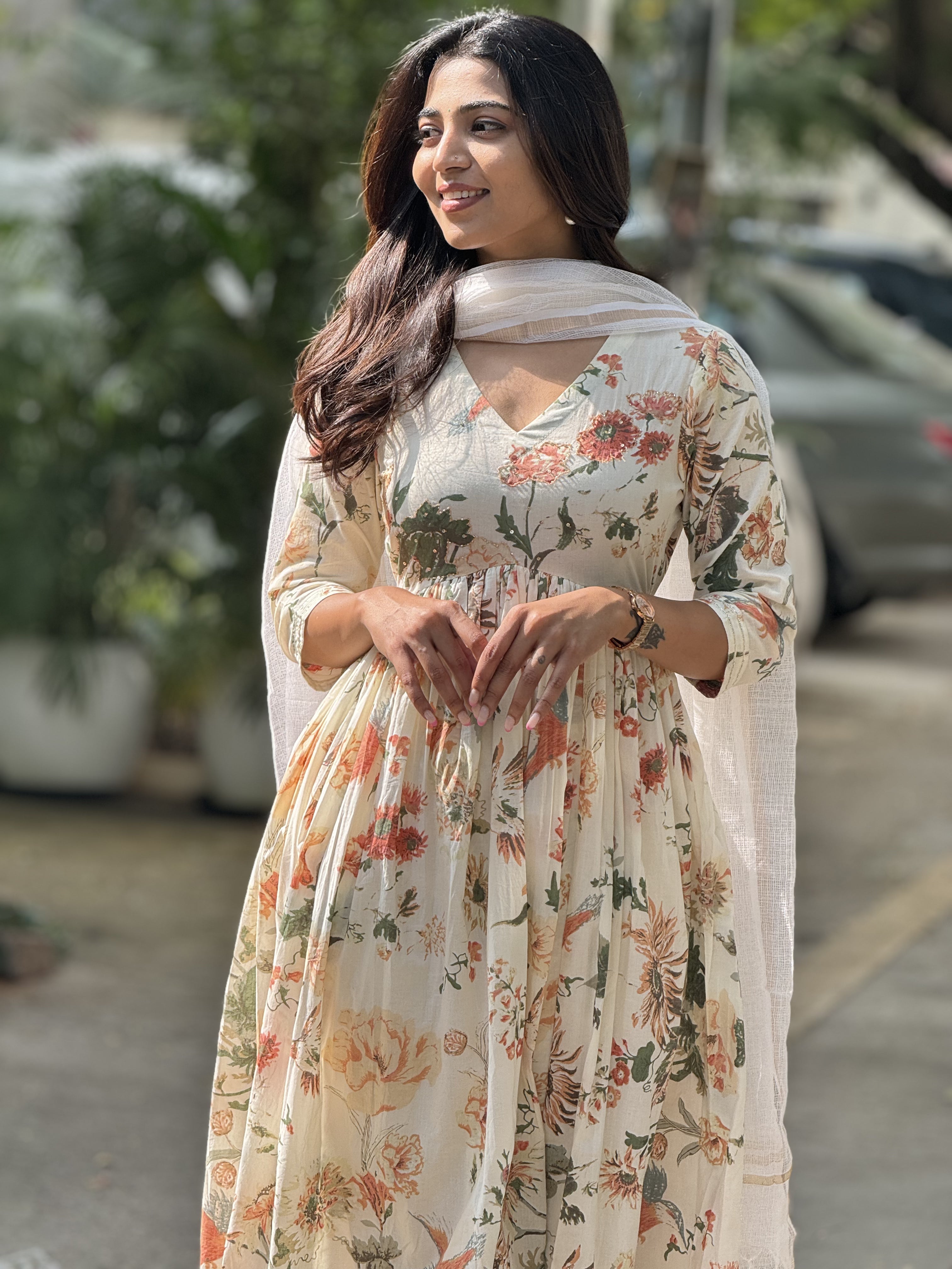 Sakshi – Cotton Floral Alia-Cut Anarkali Set with Kota Dupatta