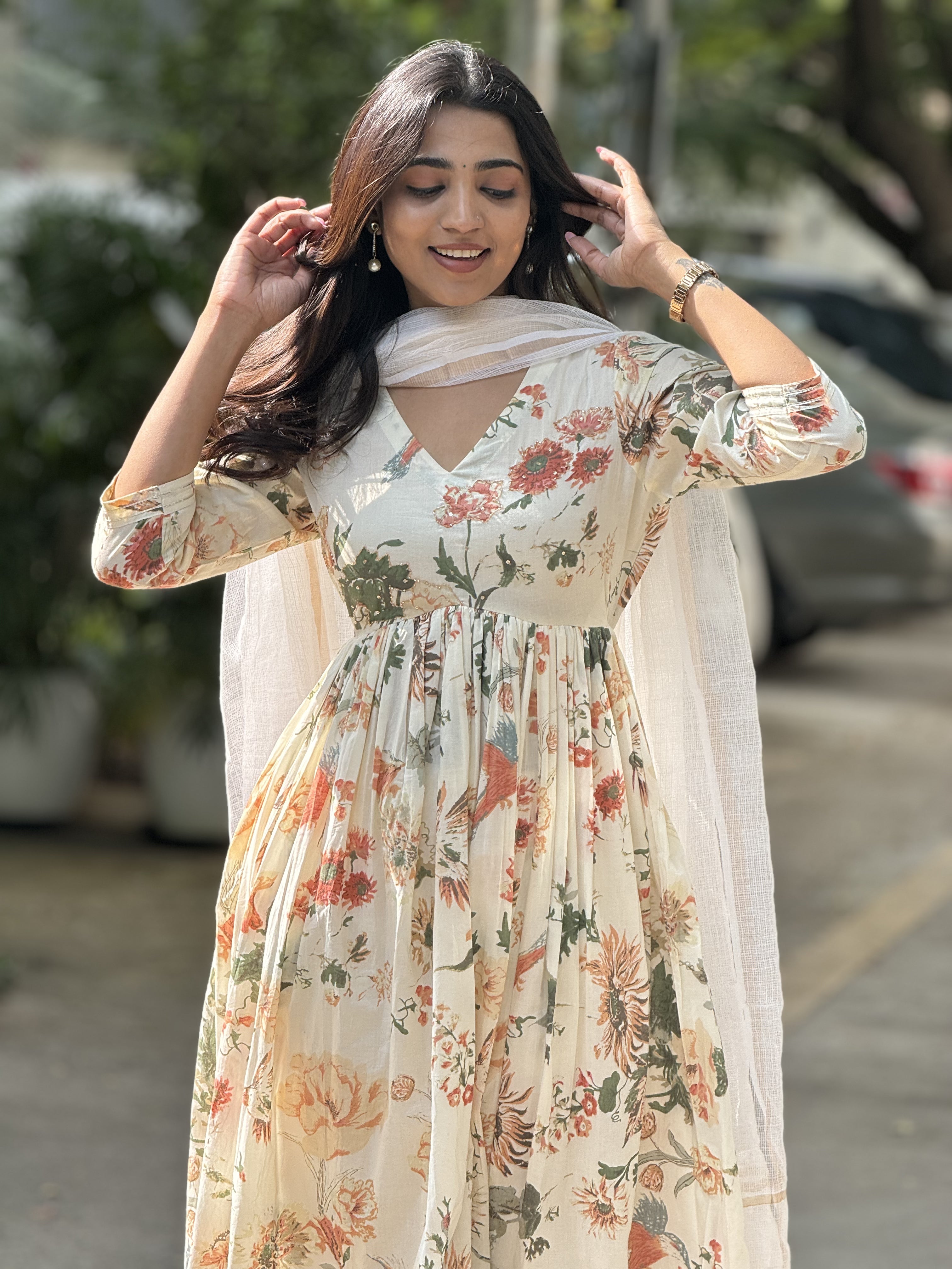 Sakshi – Cotton Floral Alia-Cut Anarkali Set with Kota Dupatta