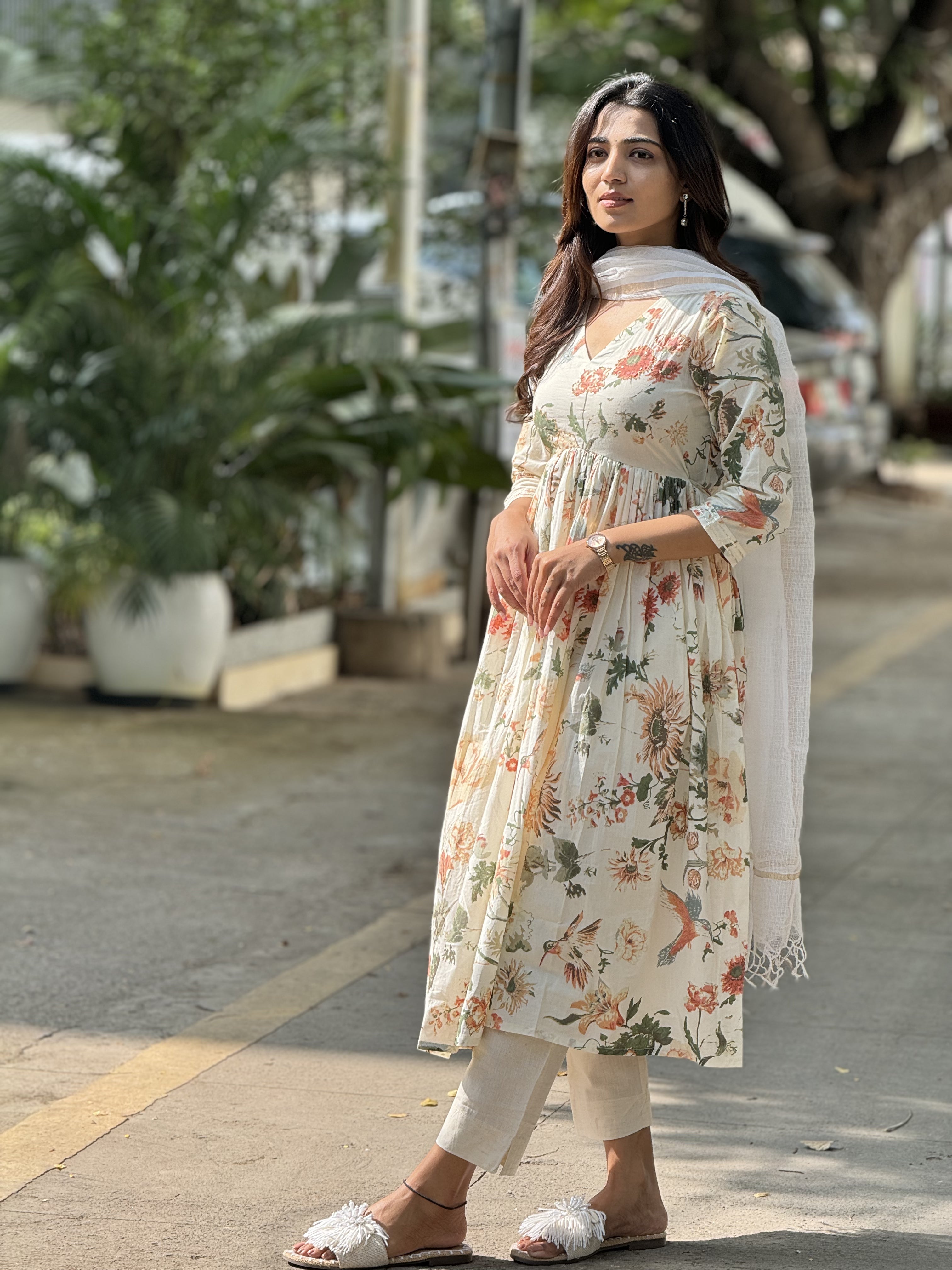 Sakshi – Cotton Floral Alia-Cut Anarkali Set with Kota Dupatta