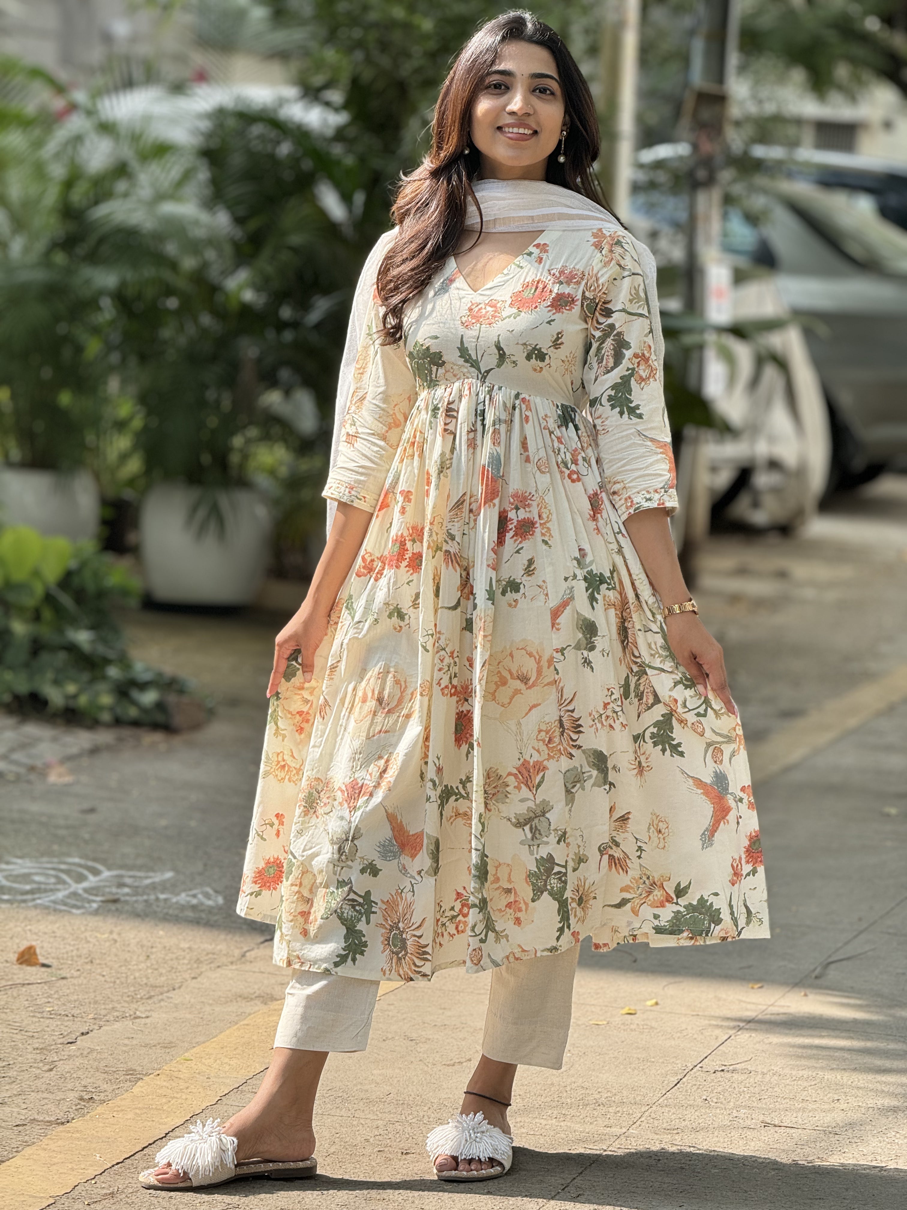 Sakshi – Cotton Floral Alia-Cut Anarkali Set with Kota Dupatta