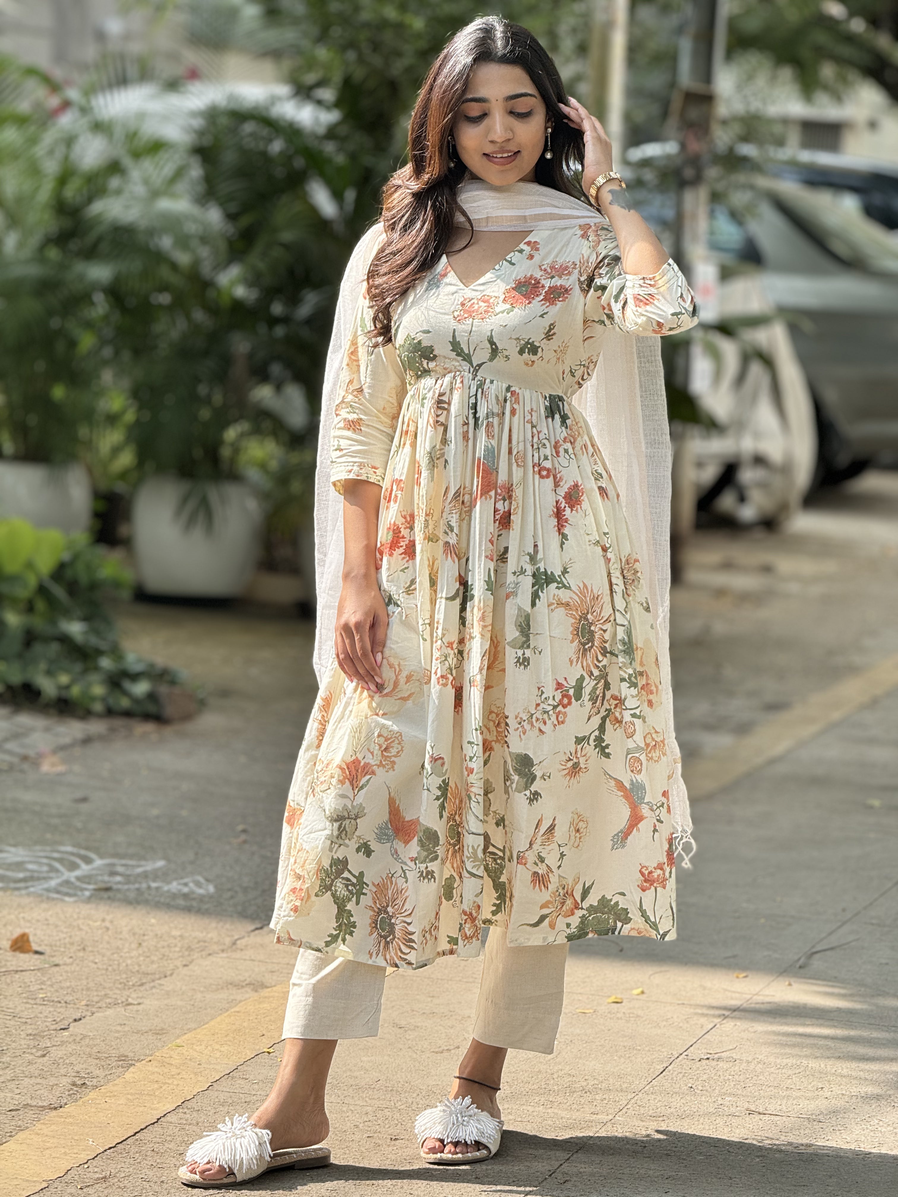 Sakshi – Cotton Floral Alia-Cut Anarkali Set with Kota Dupatta