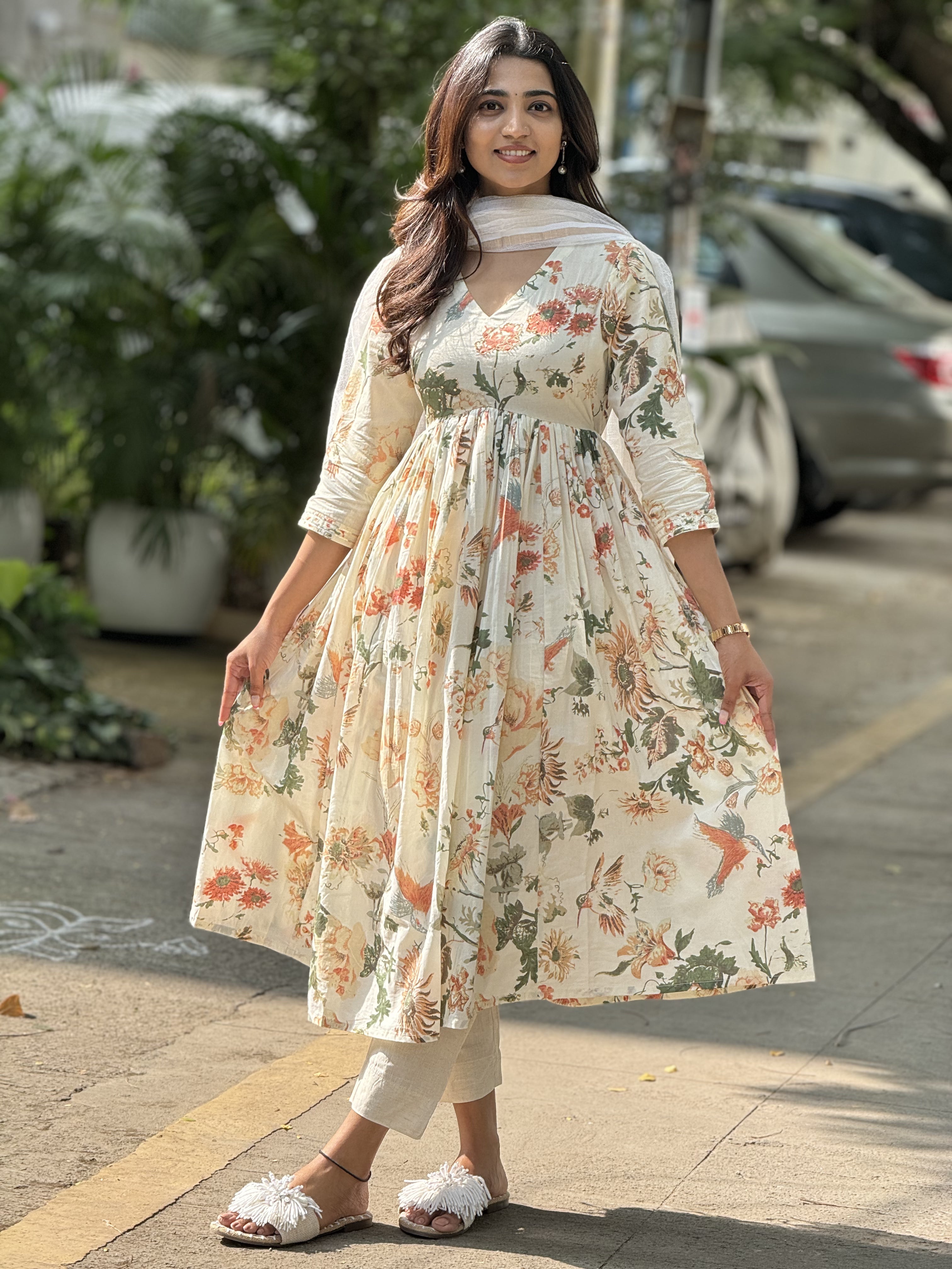 Sakshi – Cotton Floral Alia-Cut Anarkali Set with Kota Dupatta