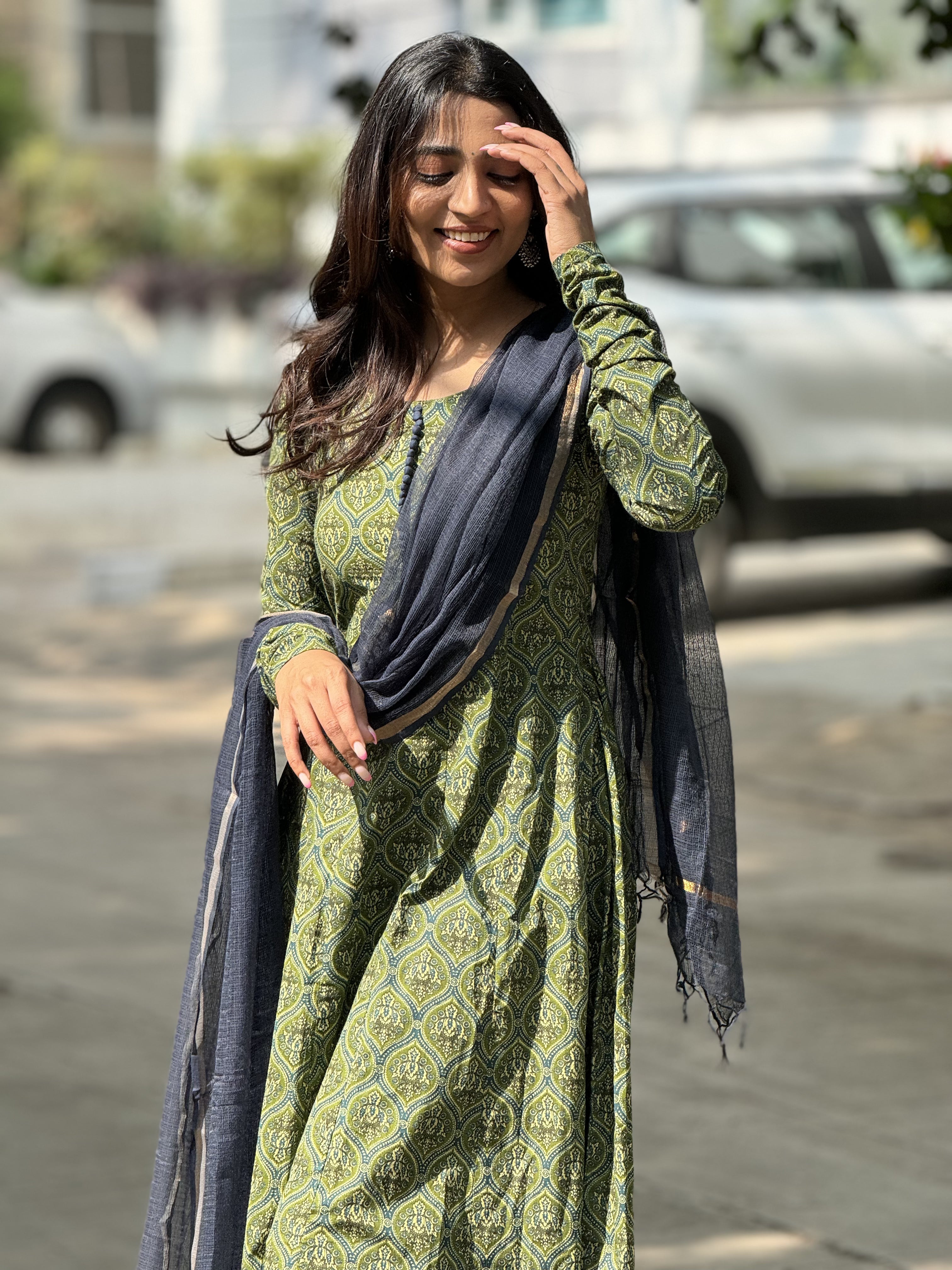 Varsha – Green Organic Cotton Block Print Anarkali Suit