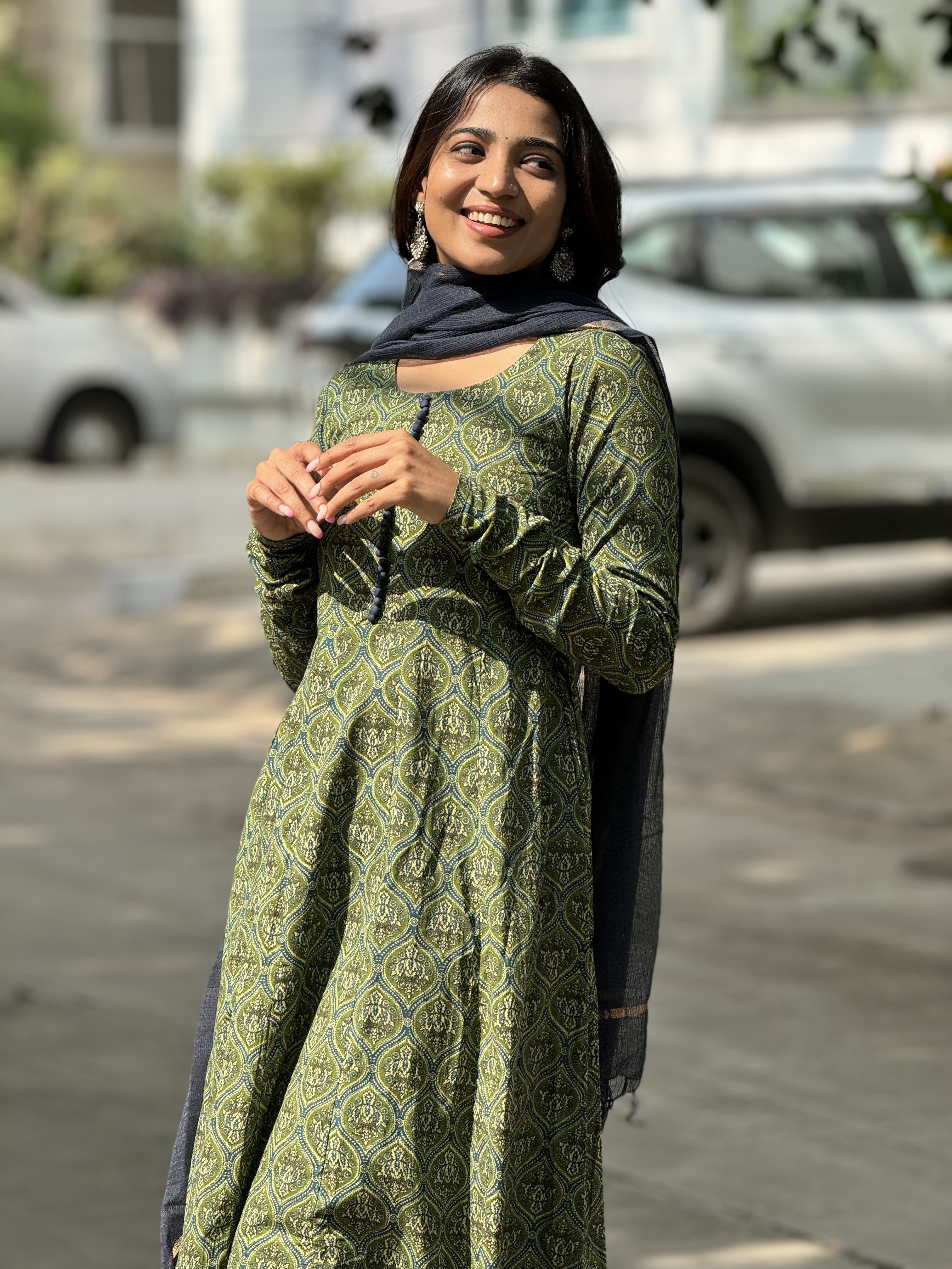Varsha – Green Organic Cotton Block Print Anarkali Suit
