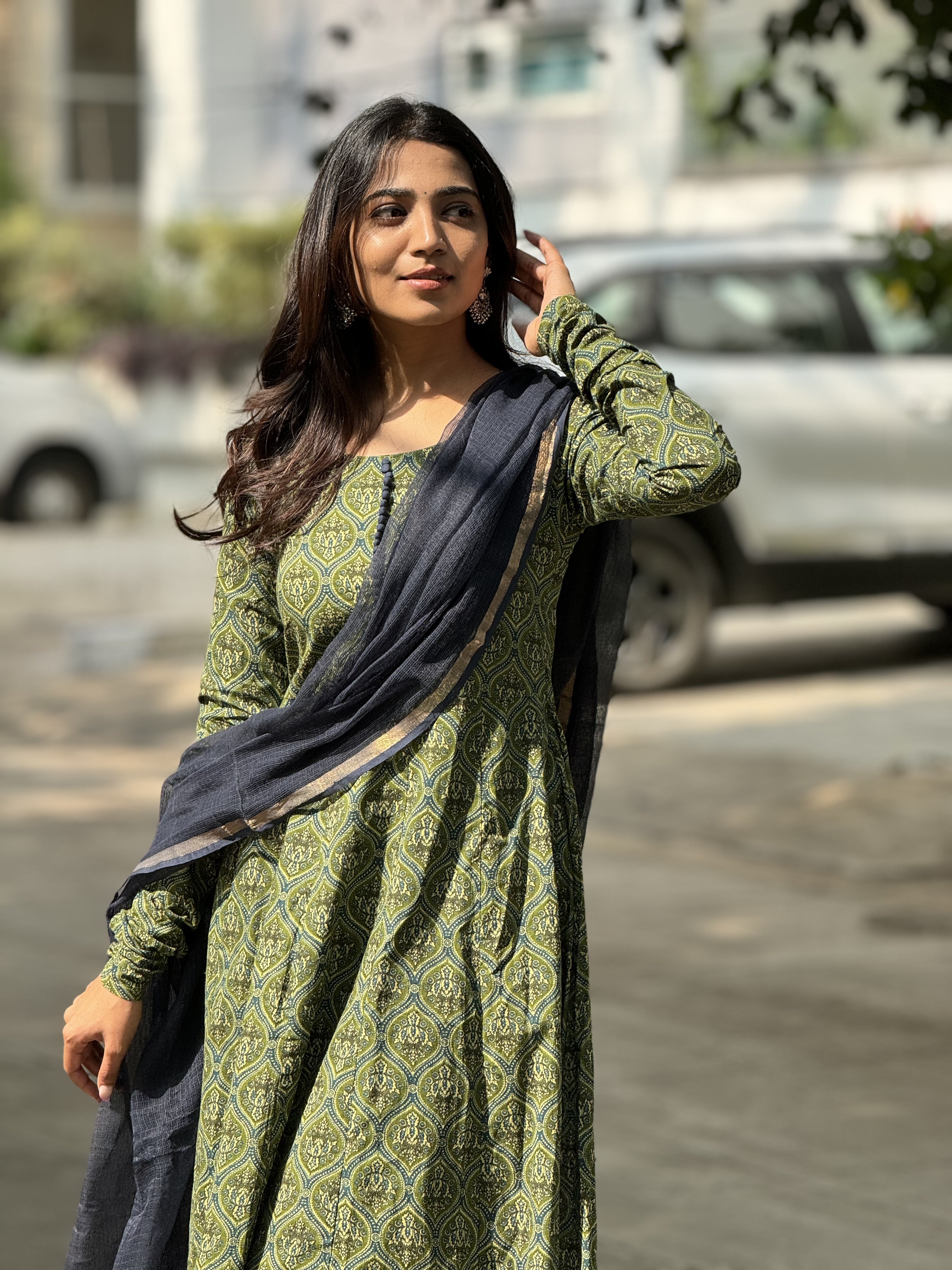 Varsha – Green Organic Cotton Block Print Anarkali Suit