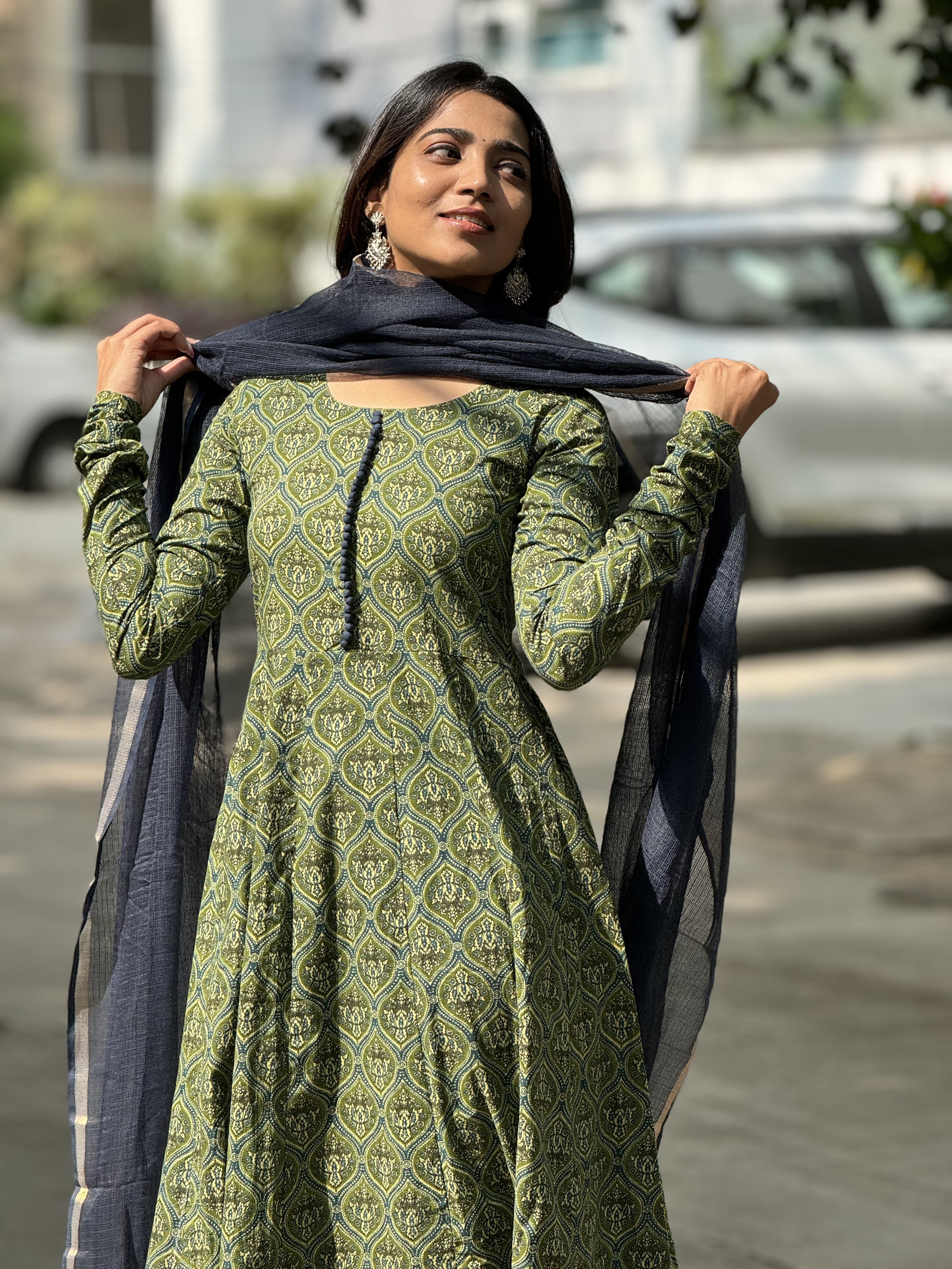 Varsha – Green Organic Cotton Block Print Anarkali Suit