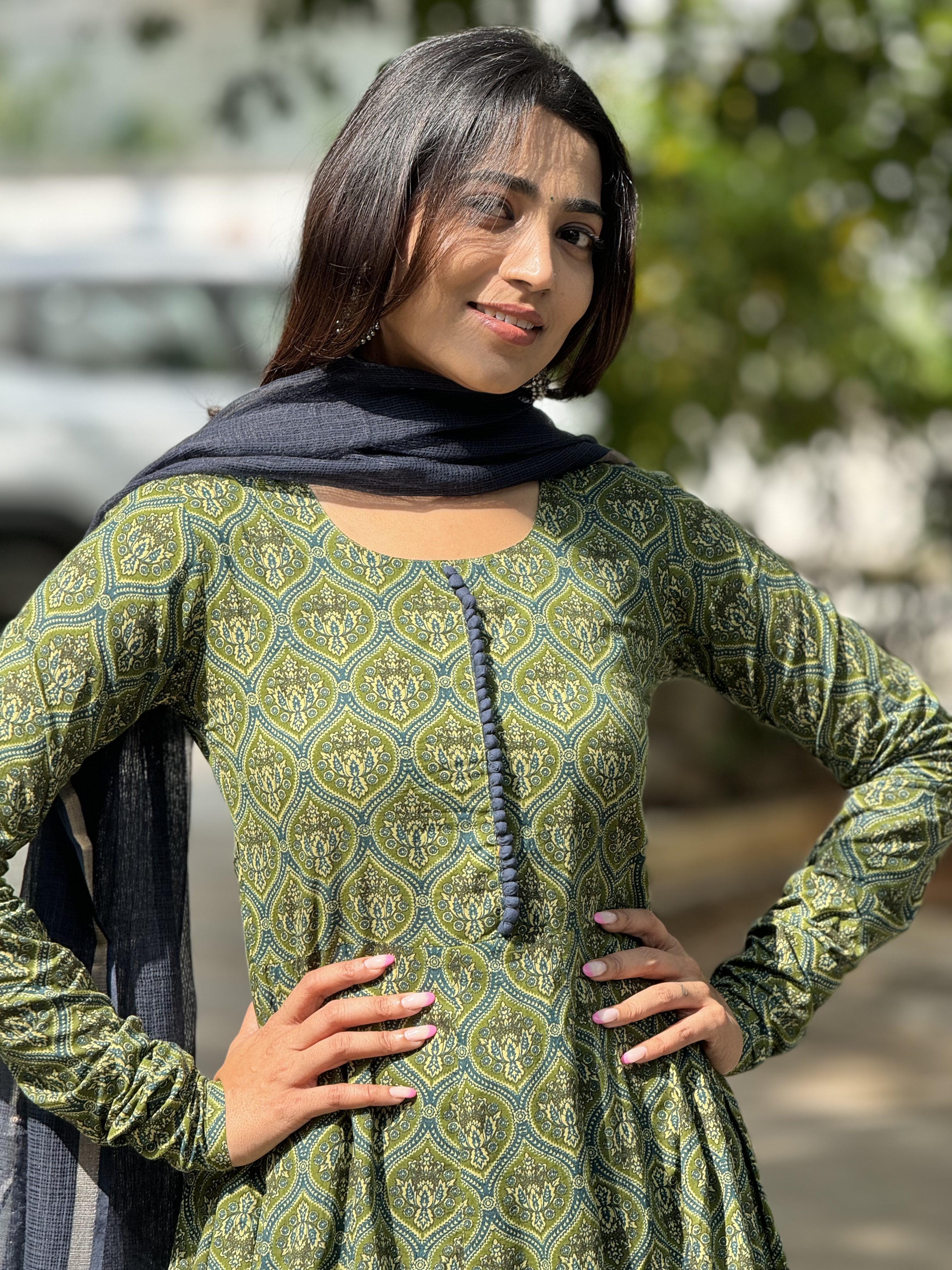 Varsha – Green Organic Cotton Block Print Anarkali Suit