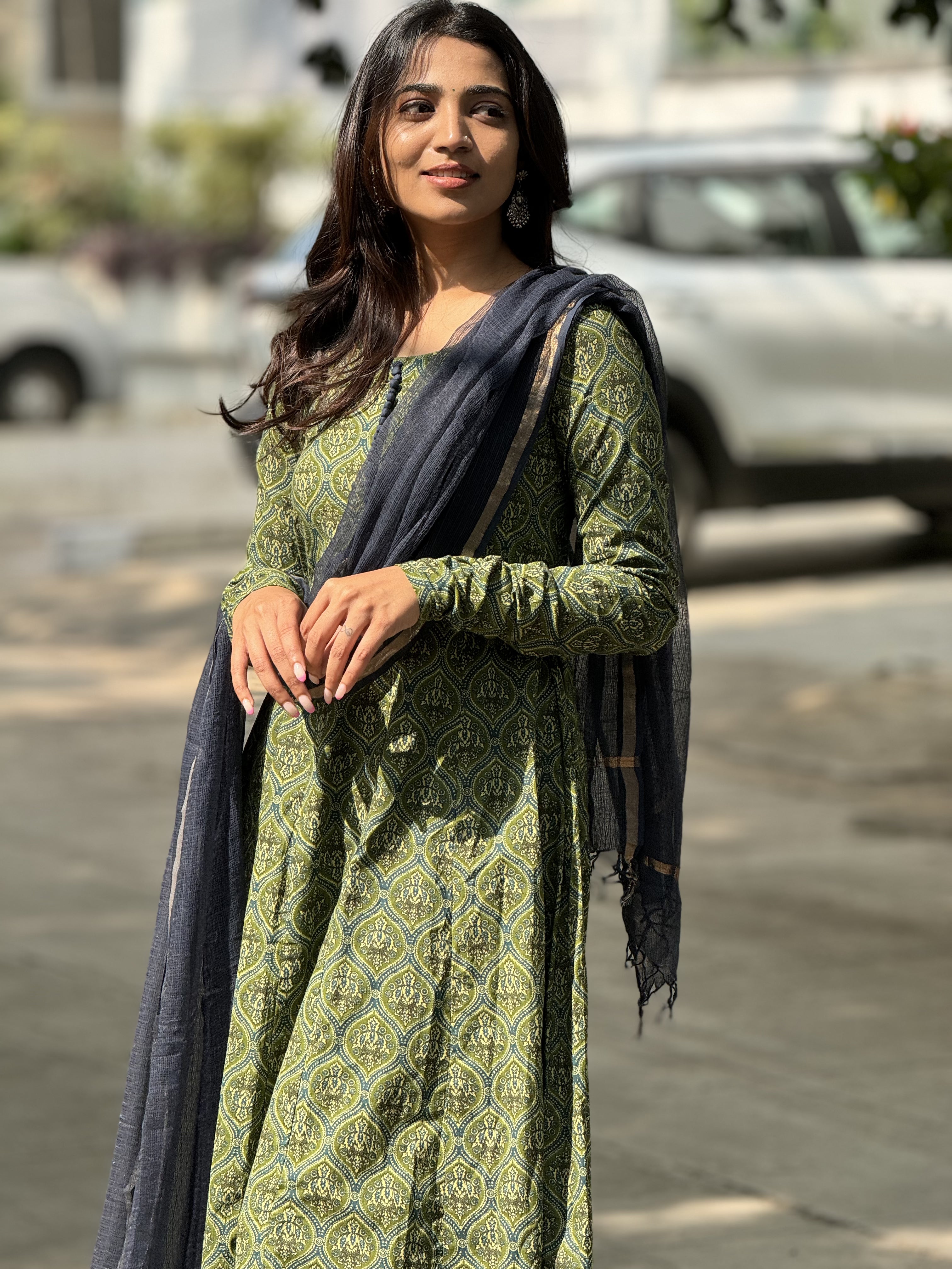 Varsha – Green Organic Cotton Block Print Anarkali Suit