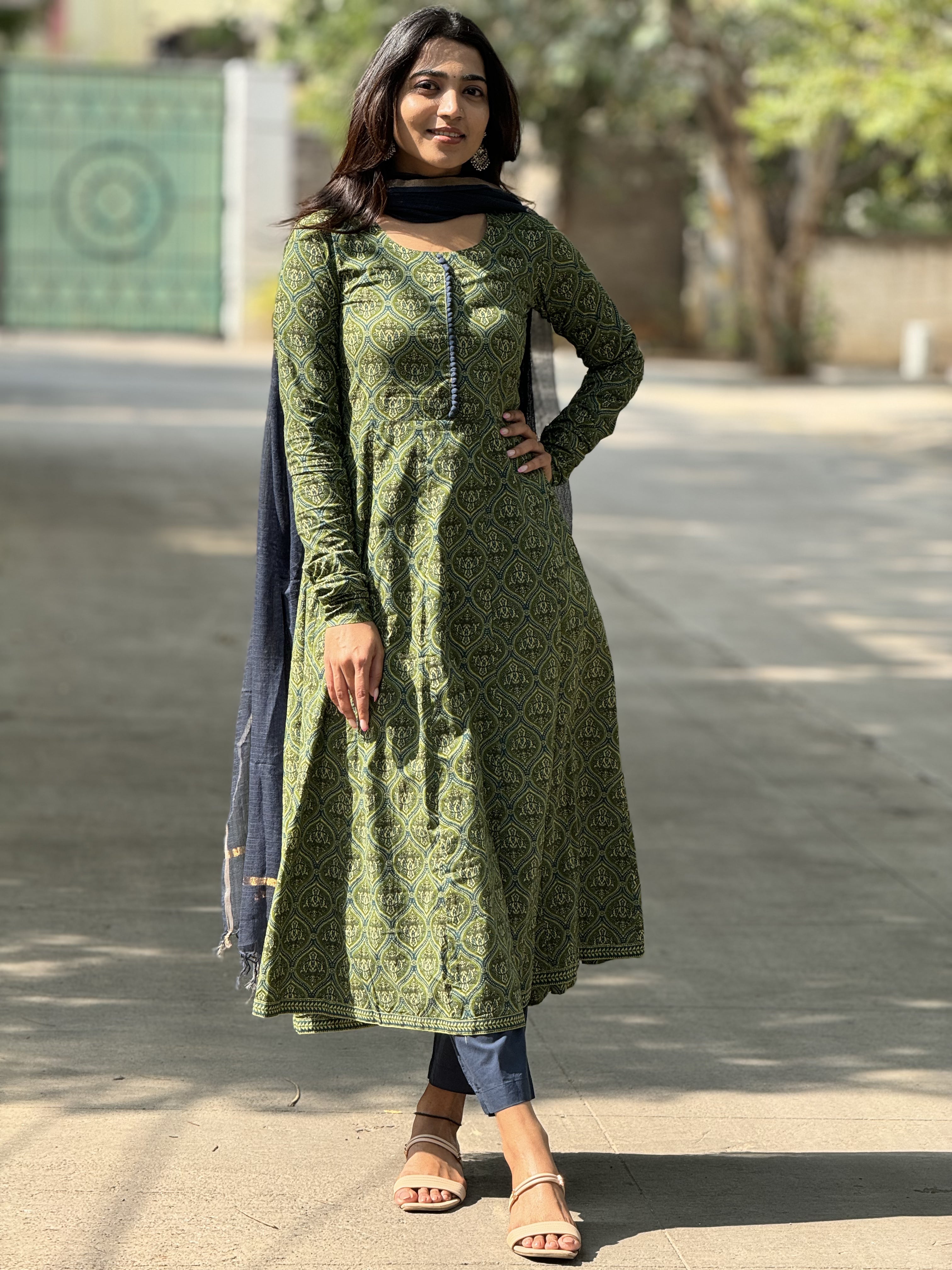 Varsha – Green Organic Cotton Block Print Anarkali Suit