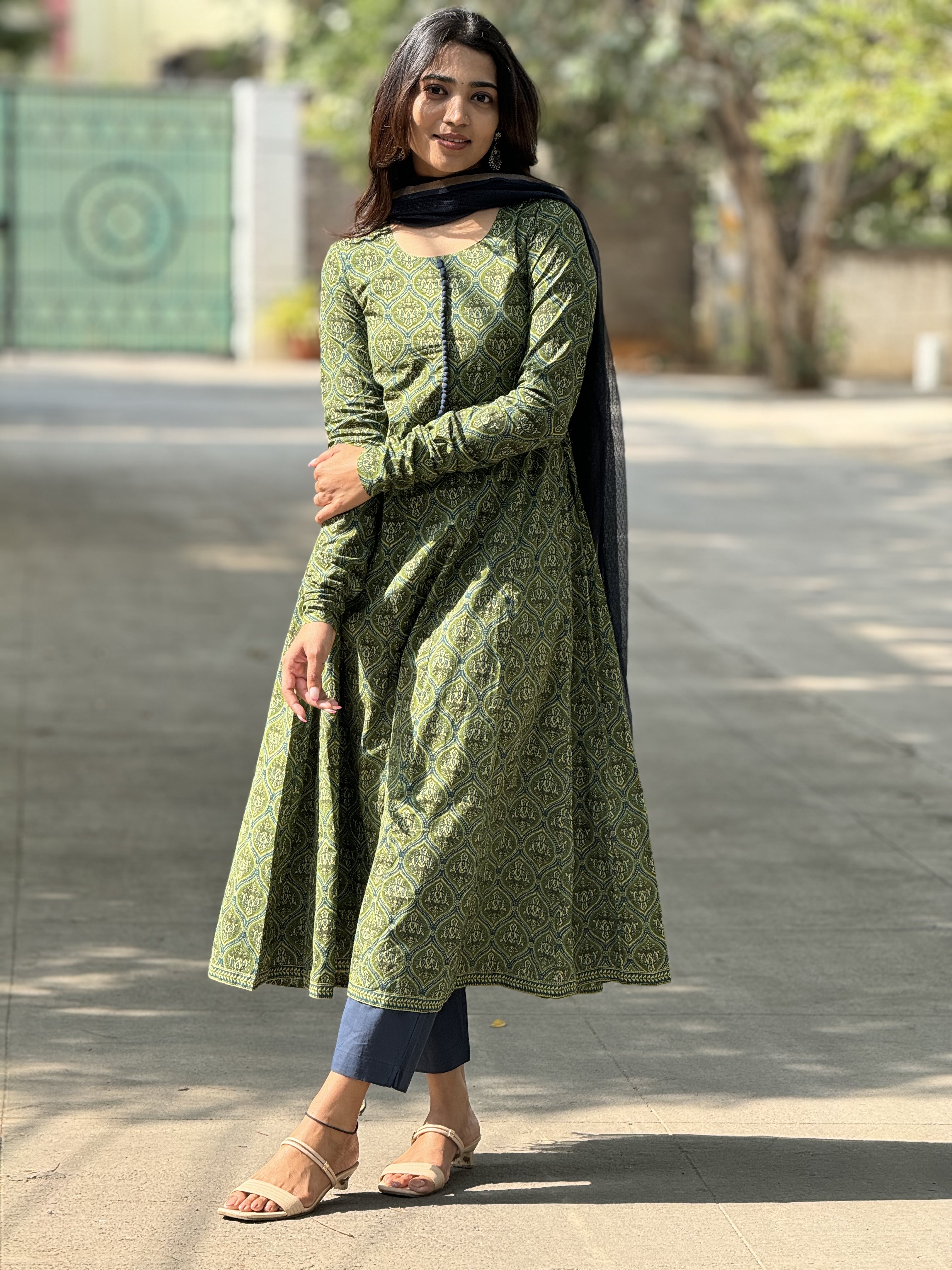 Varsha – Green Organic Cotton Block Print Anarkali Suit
