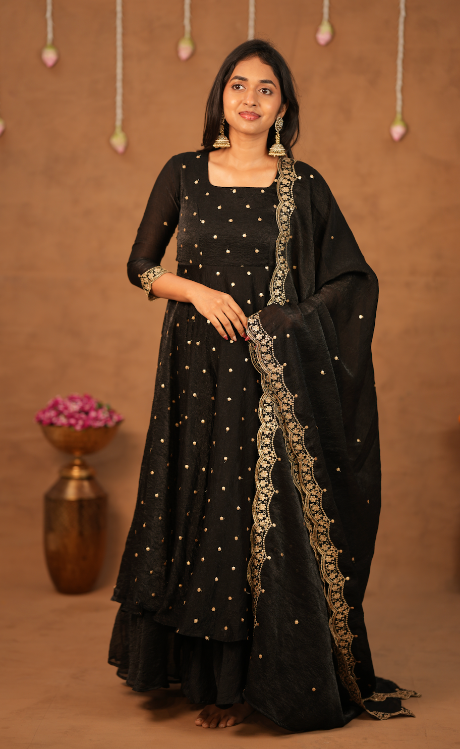 Krithika – Black Crushed Space Silk Maxi Suit with Dupatta