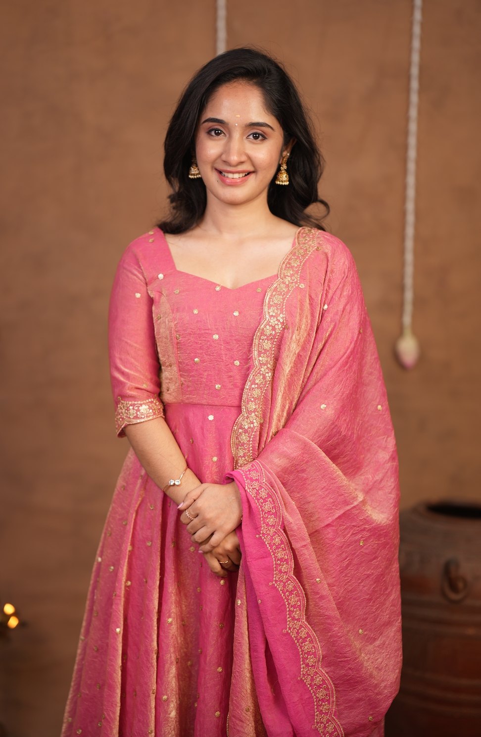 Krithika – Peach Crushed Space Silk Maxi Suit with Dupatta