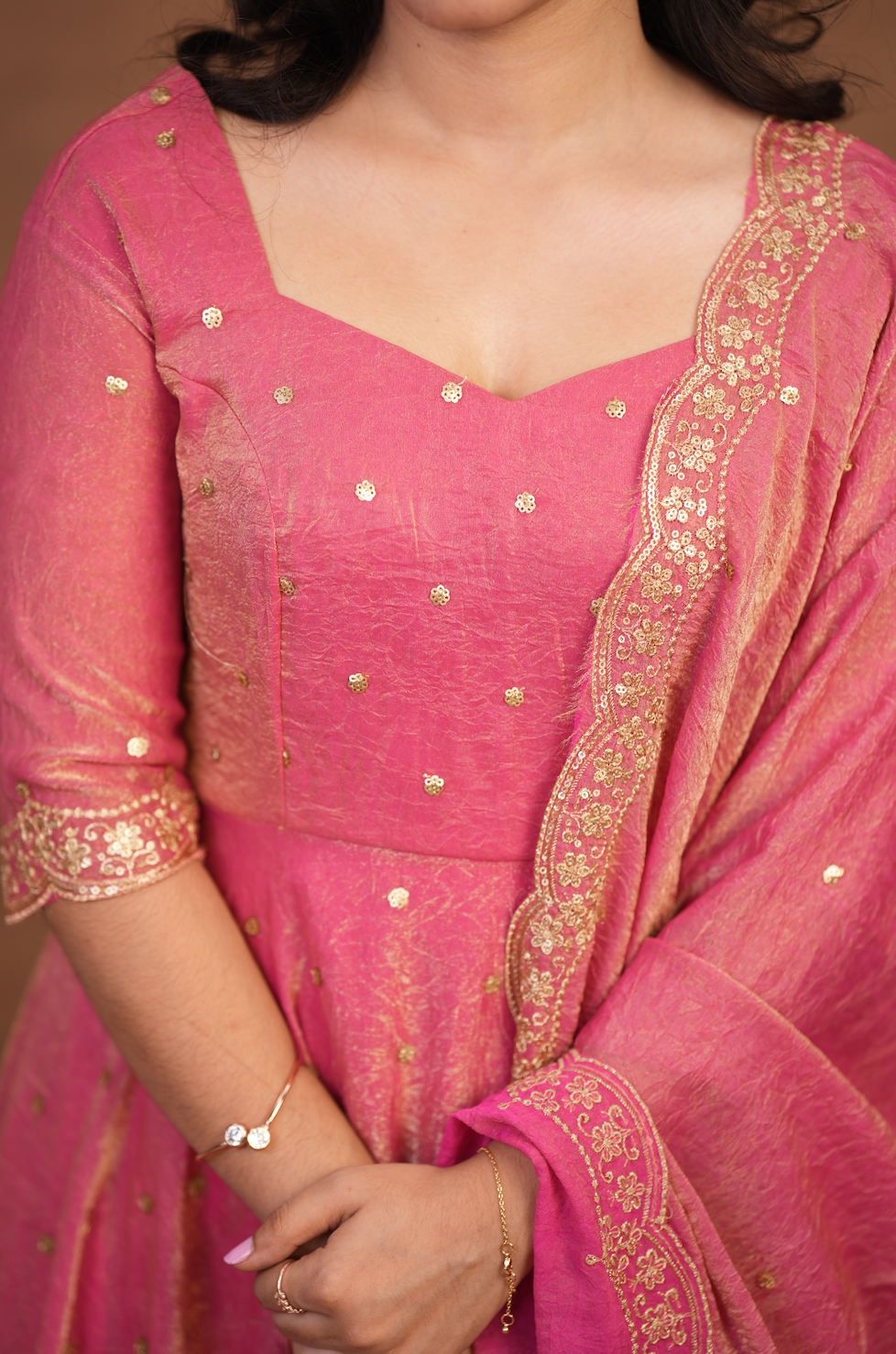 Krithika – Peach Crushed Space Silk Maxi Suit with Dupatta
