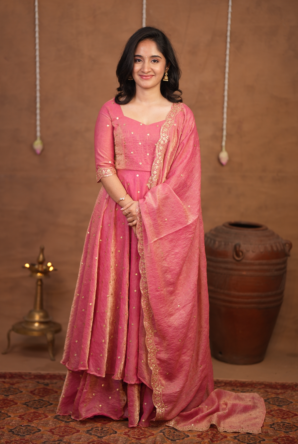 Krithika – Peach Crushed Space Silk Maxi Suit with Dupatta