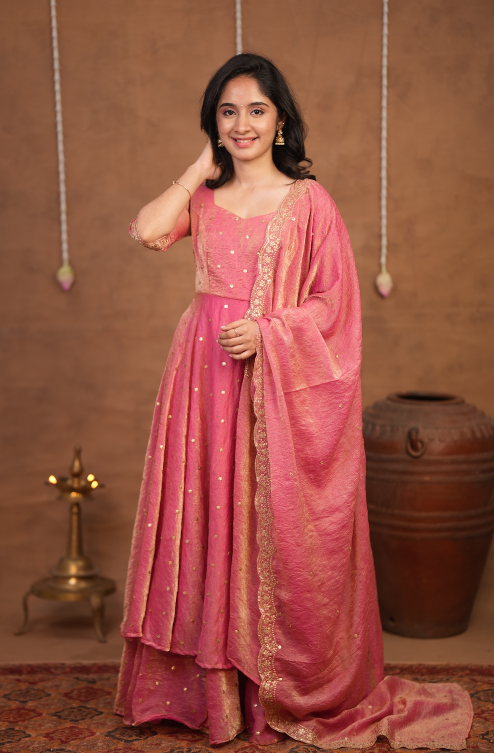 Krithika – Peach Crushed Space Silk Maxi Suit with Dupatta