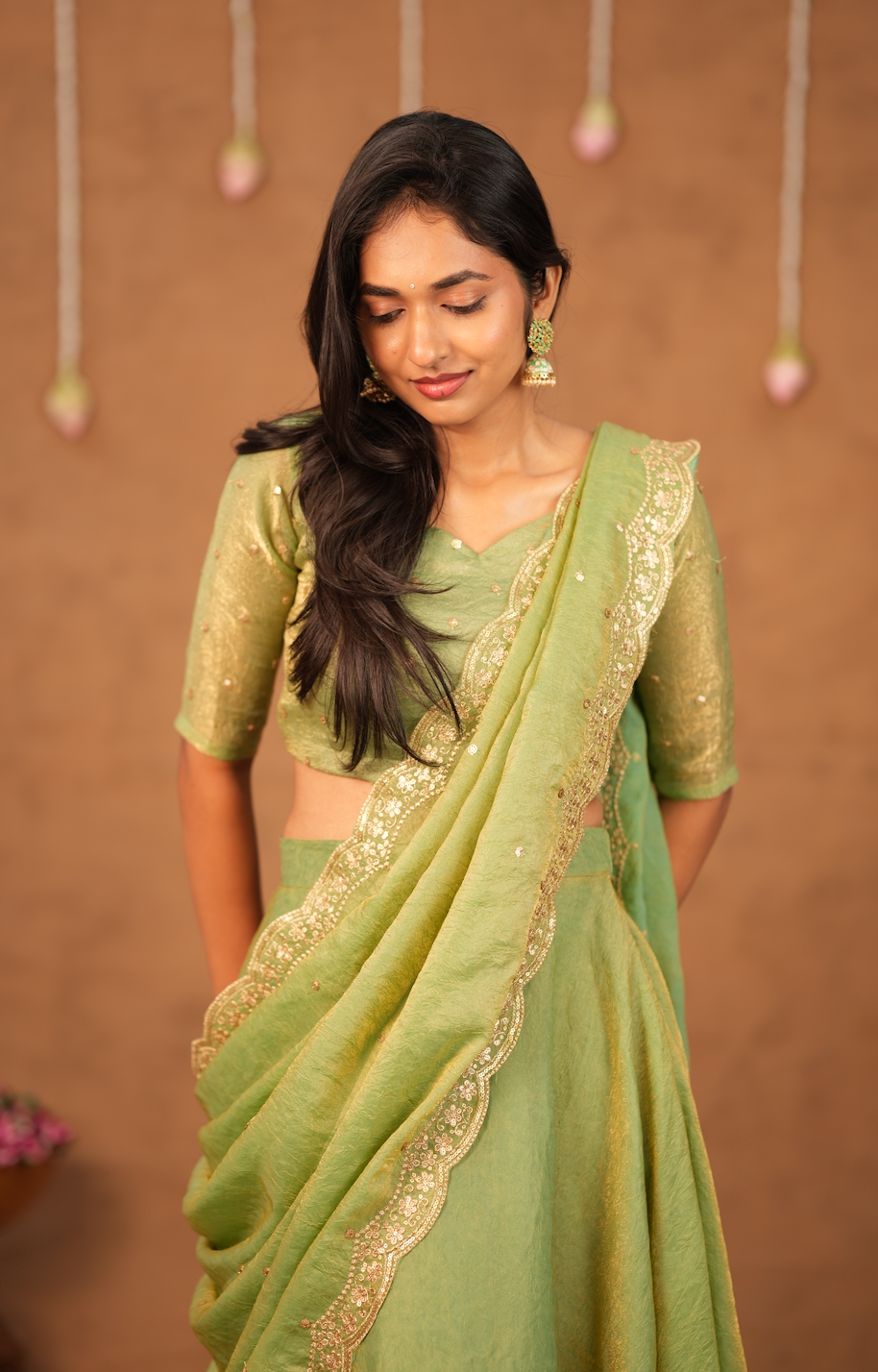 Suchi – Pista Crushed Space Silk Half Saree Set with Dupatta