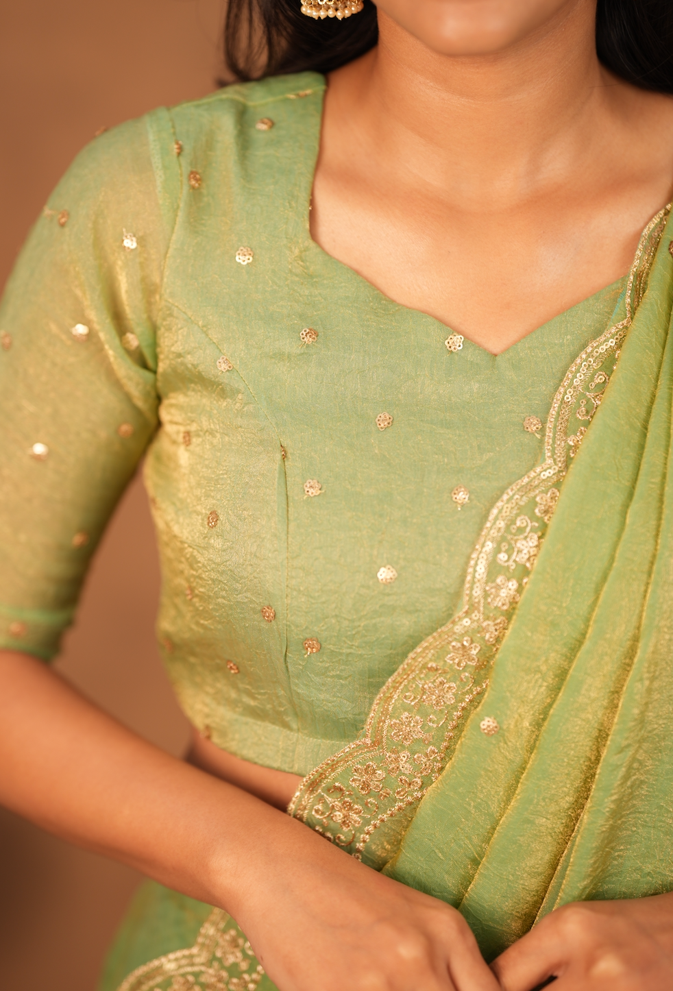 Suchi – Pista Crushed Space Silk Half Saree Set with Dupatta