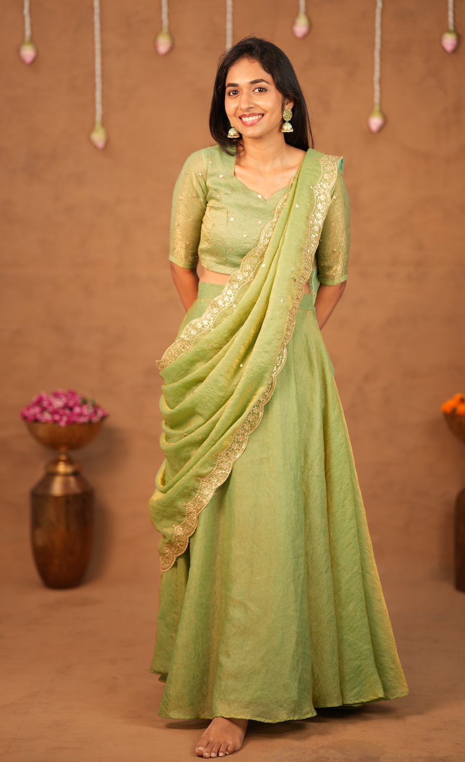 Suchi – Pista Crushed Space Silk Half Saree Set with Dupatta