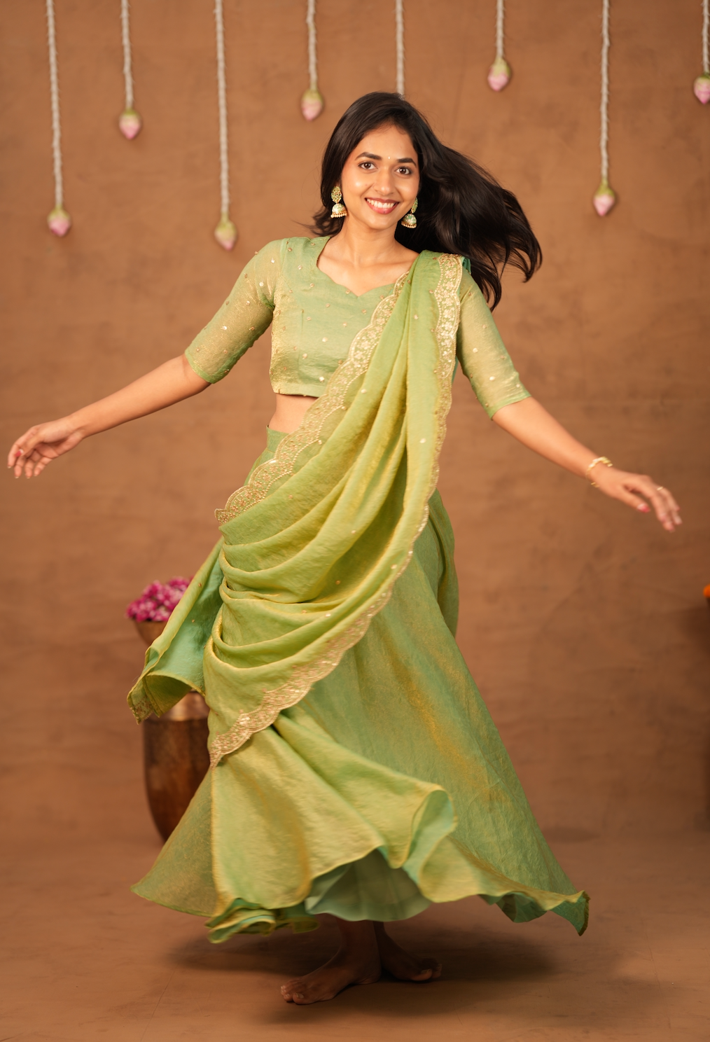 Suchi – Pista Crushed Space Silk Half Saree Set with Dupatta