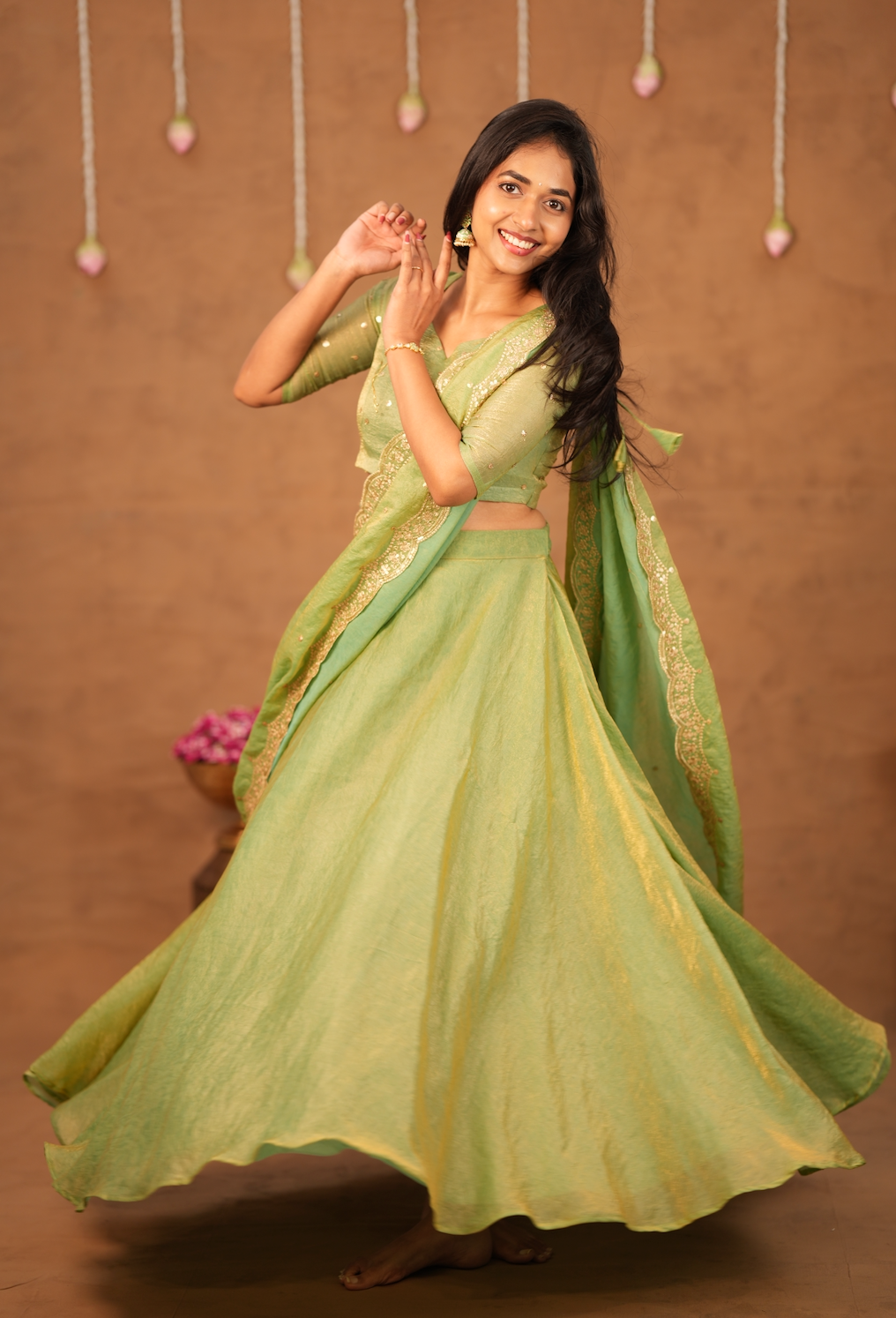 Suchi – Pista Crushed Space Silk Half Saree Set with Dupatta