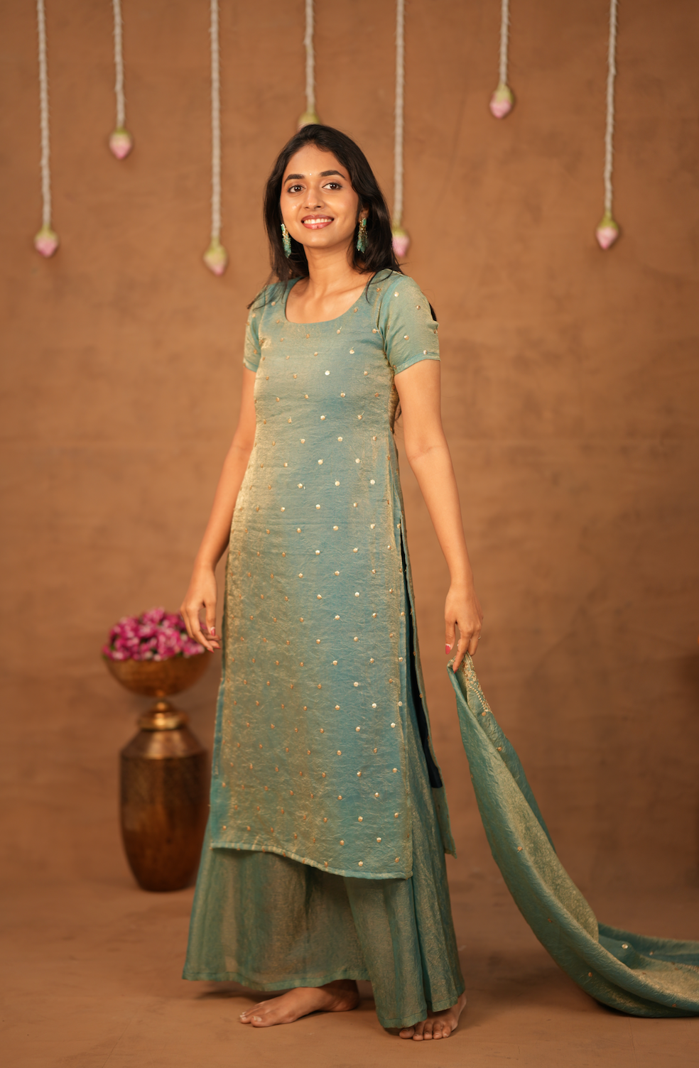 Kamali – Blue Crushed Space Silk Sharara Set with Dupatta