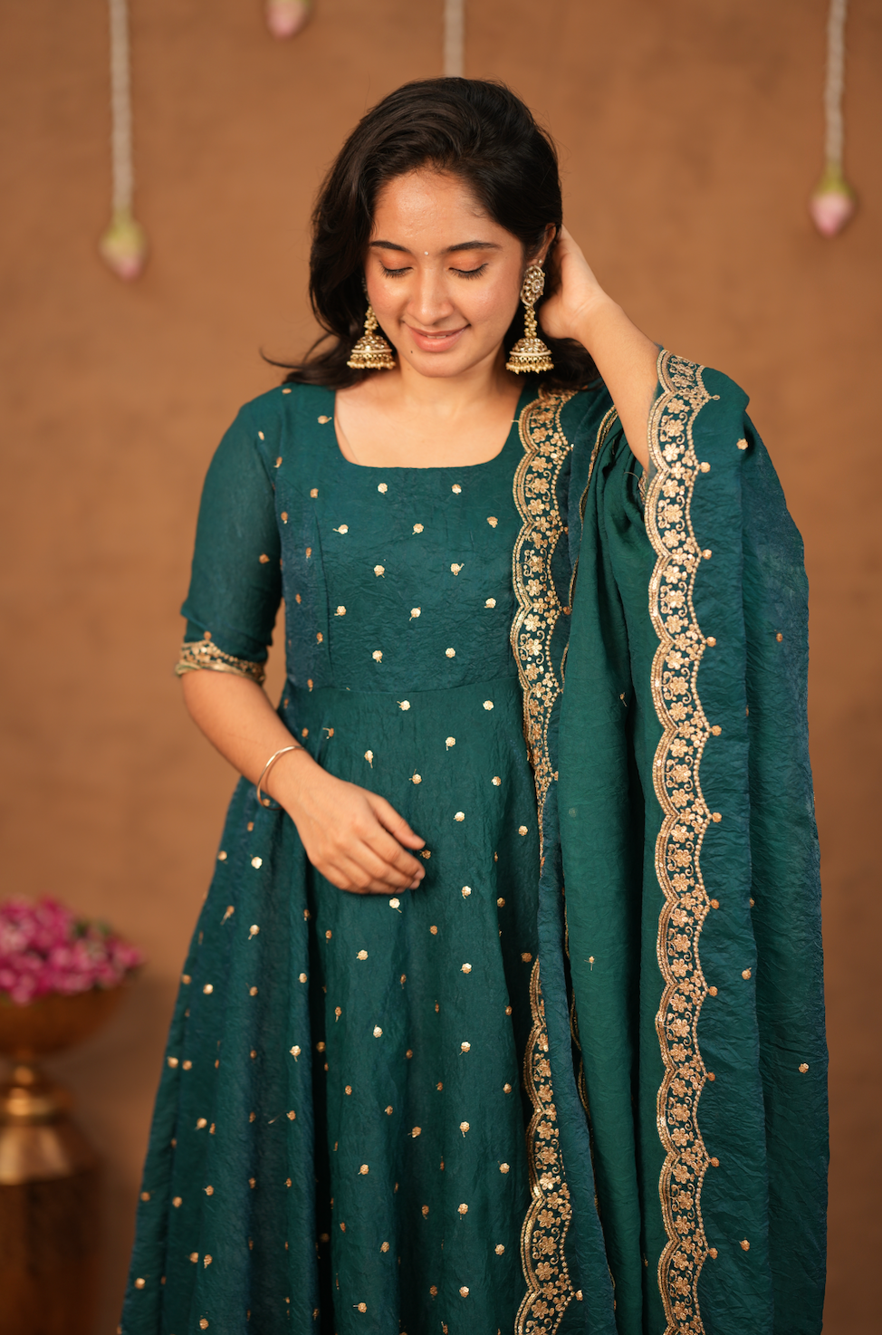 Krithika – Peacock Green Crushed Space Silk Maxi Suit with Dupatta