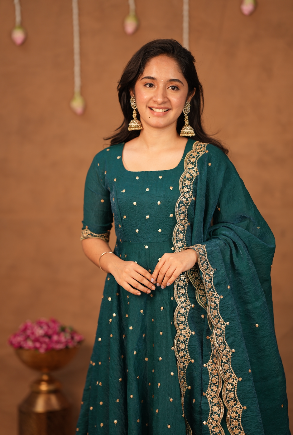 Krithika – Peacock Green Crushed Space Silk Maxi Suit with Dupatta