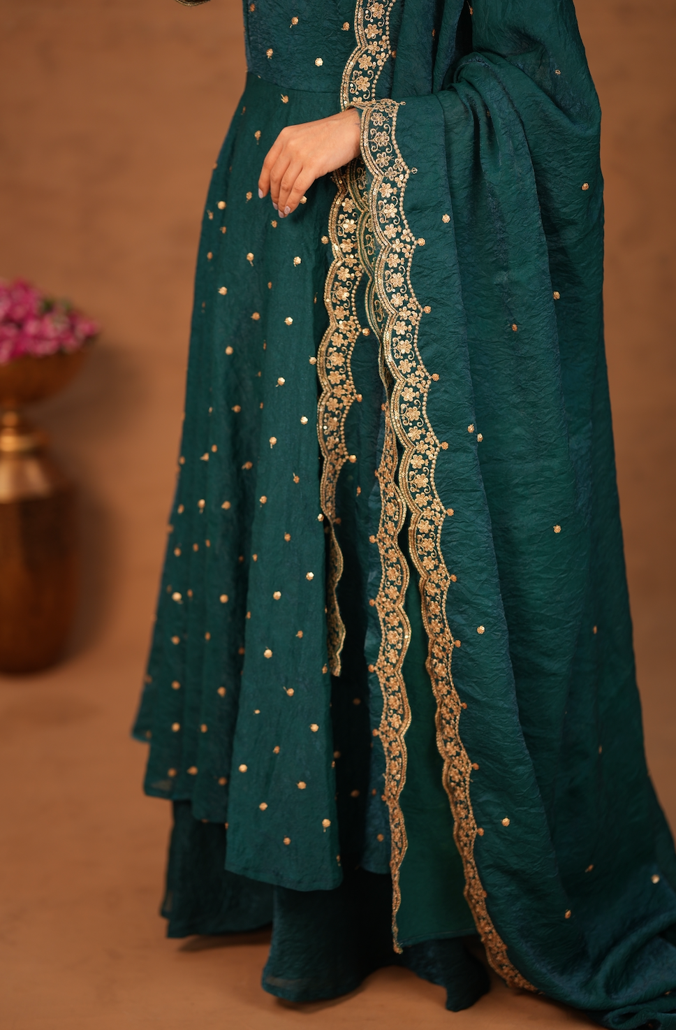 Krithika – Peacock Green Crushed Space Silk Maxi Suit with Dupatta