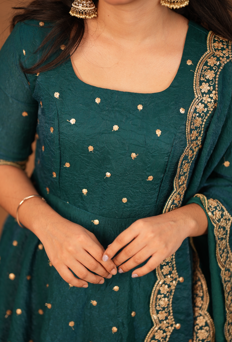 Krithika – Peacock Green Crushed Space Silk Maxi Suit with Dupatta