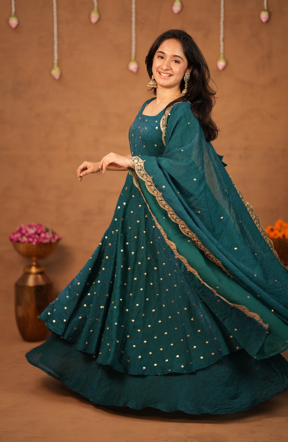 Krithika – Peacock Green Crushed Space Silk Maxi Suit with Dupatta