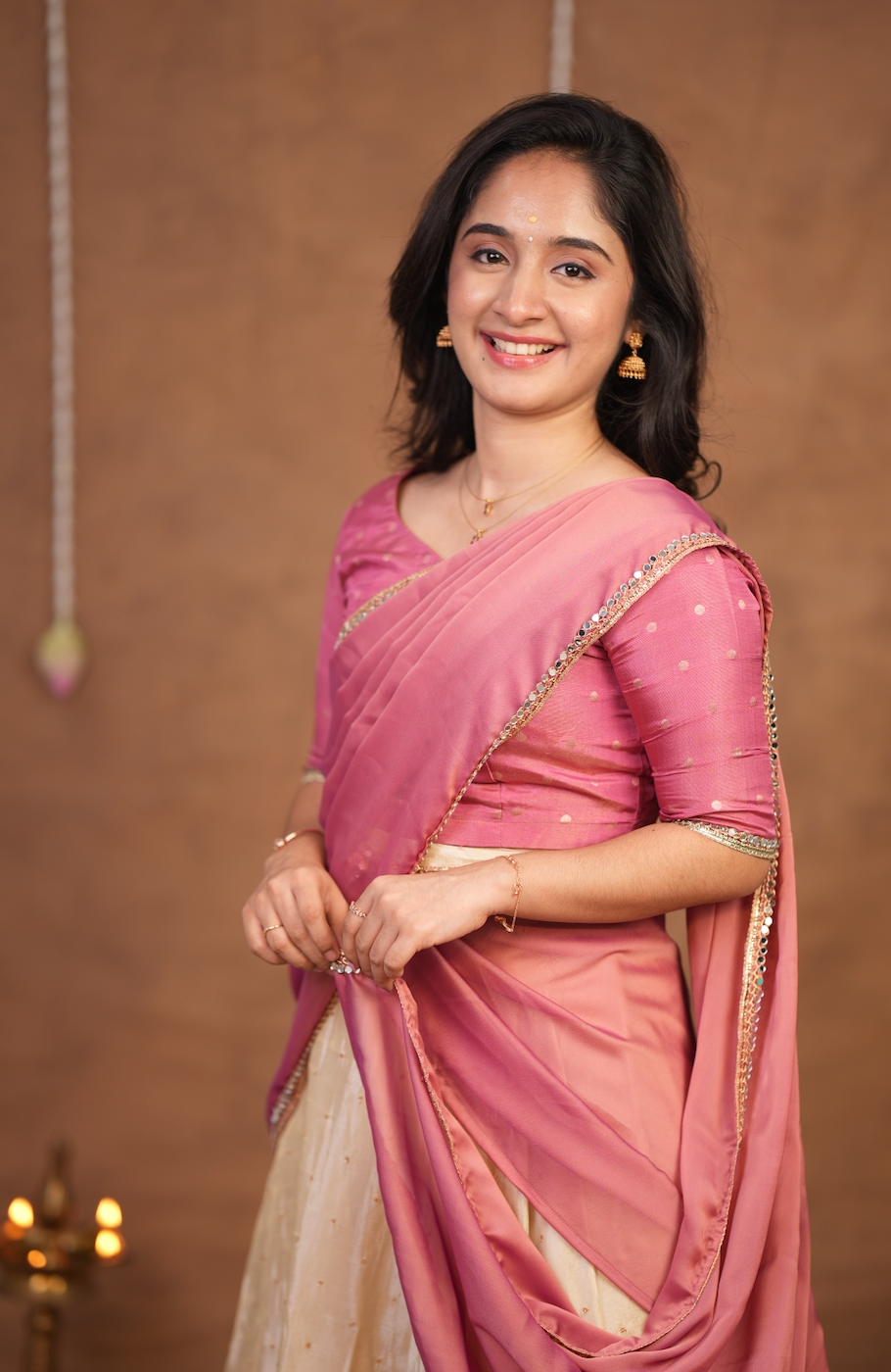 Athulya – Onion Pink & Ivory Dhavani Half Saree Set