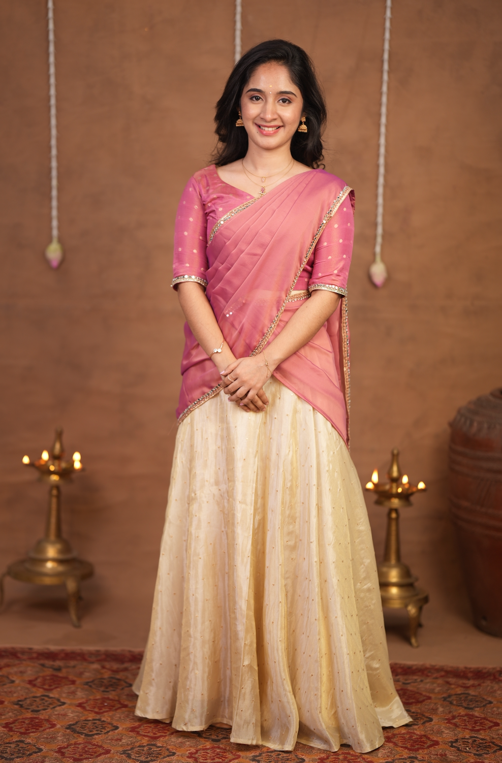 Athulya – Onion Pink & Ivory Dhavani Half Saree Set
