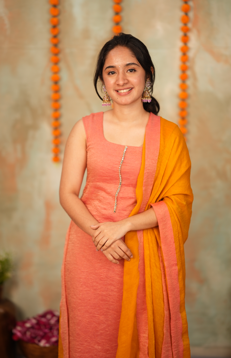 Bhargavee – Peach Crushed Space Silk Kurti with Dupatta