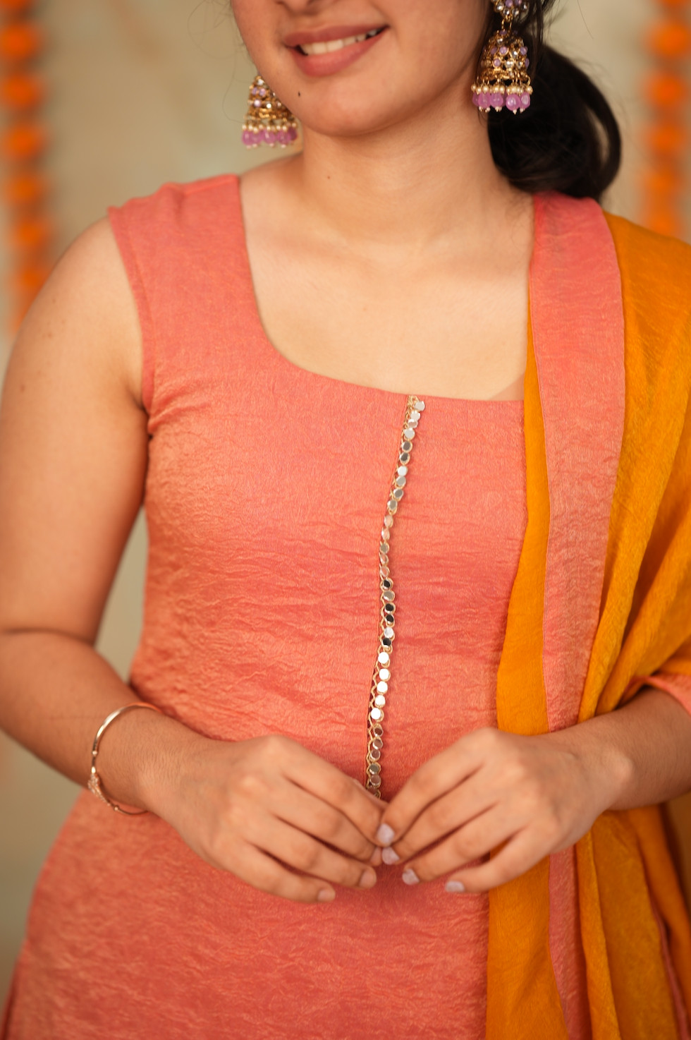 Bhargavee – Peach Crushed Space Silk Kurti with Dupatta
