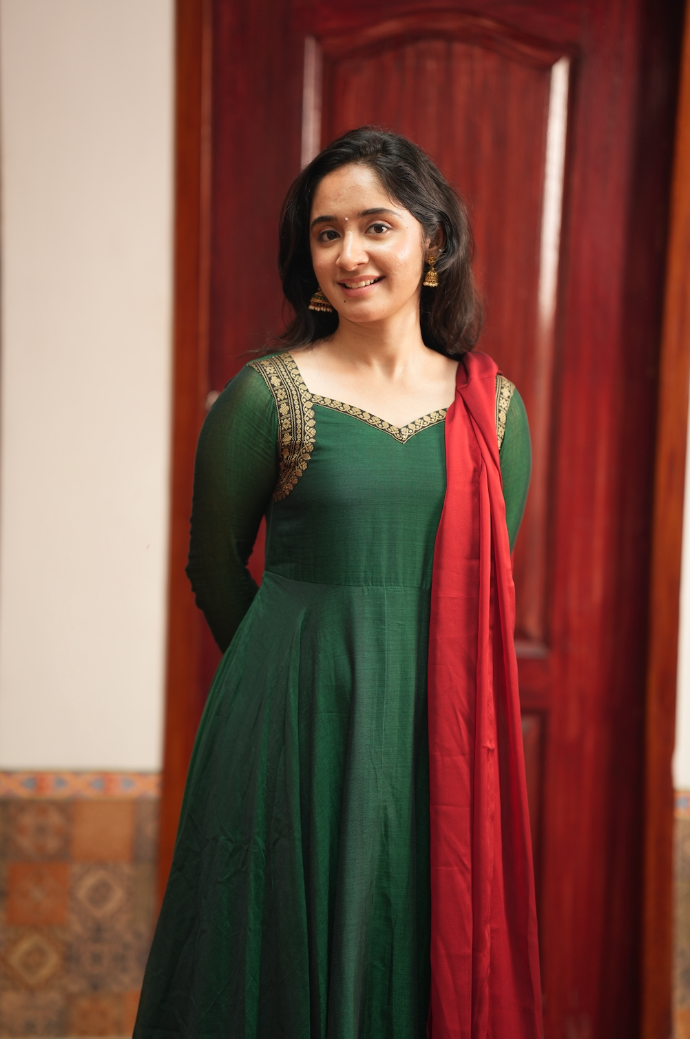 Rukmini – Emerald Narayanpet Anarkali with Red Dupatta