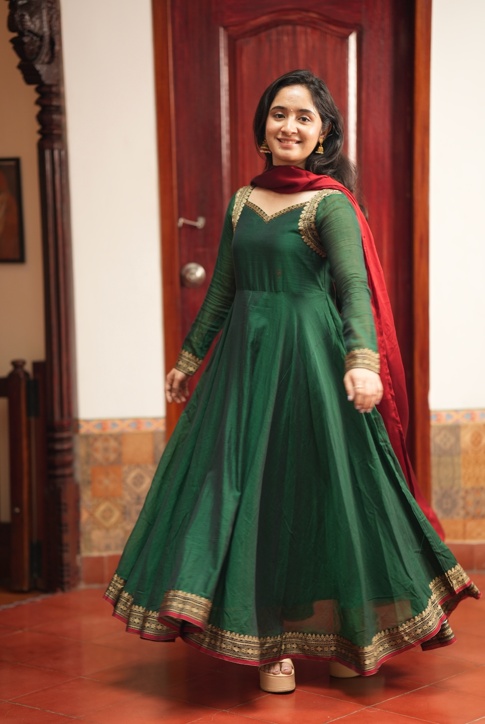 Rukmini – Emerald Narayanpet Anarkali with Red Dupatta