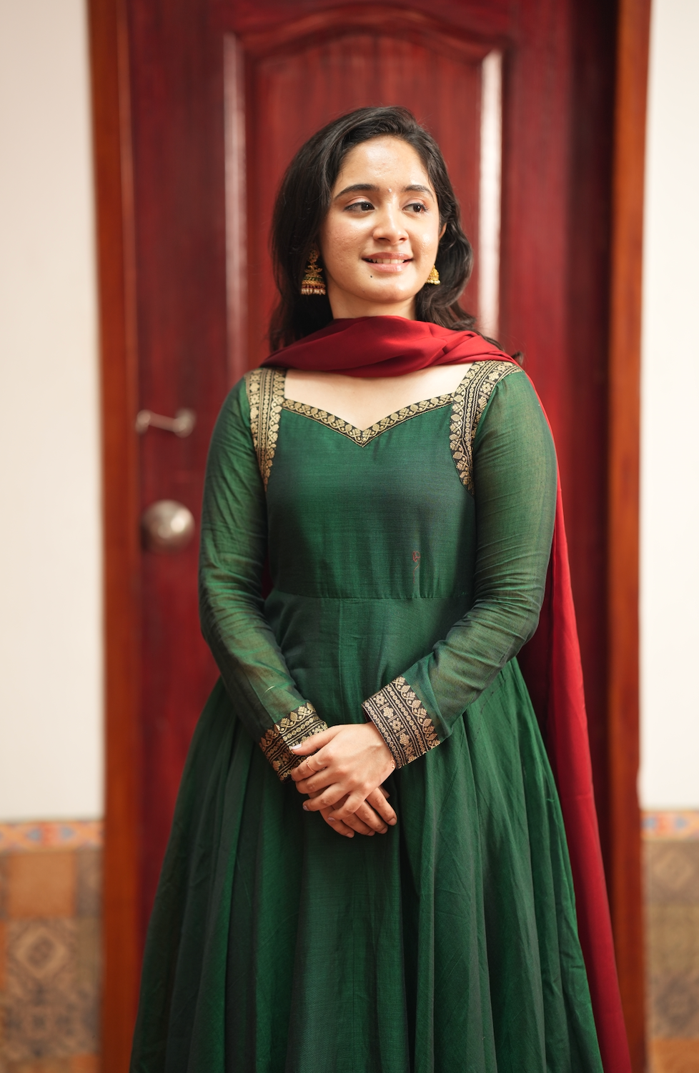 Rukmini – Emerald Narayanpet Anarkali with Red Dupatta