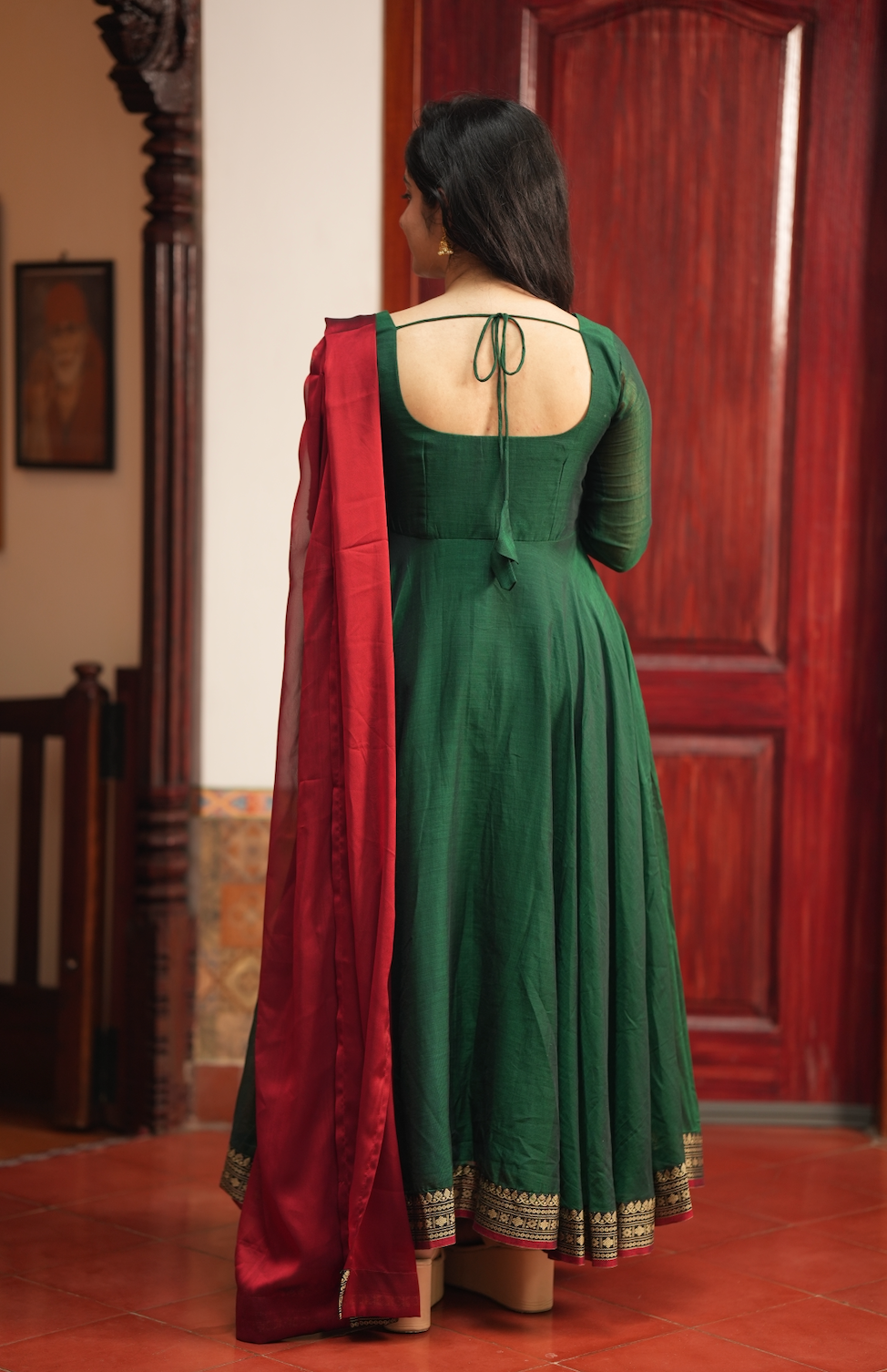 Rukmini – Emerald Narayanpet Anarkali with Red Dupatta