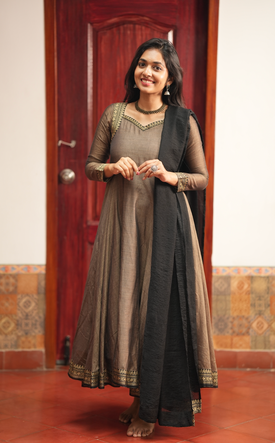 Rukmini – Grey Narayanpet Anarkali with Black Dupatta