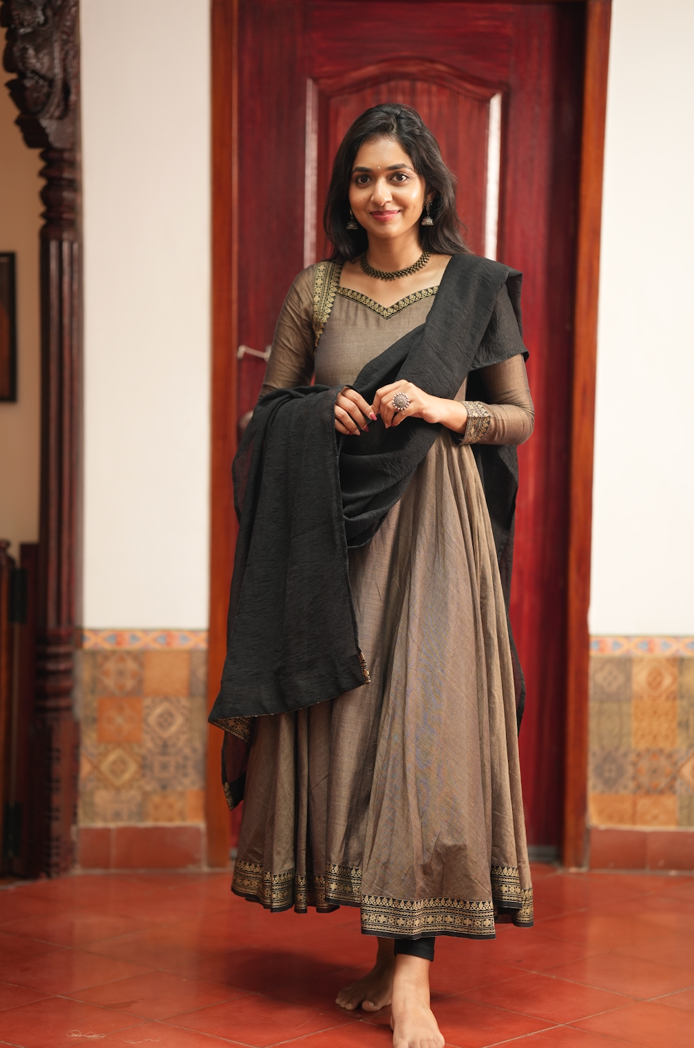 Rukmini – Grey Narayanpet Anarkali with Black Dupatta