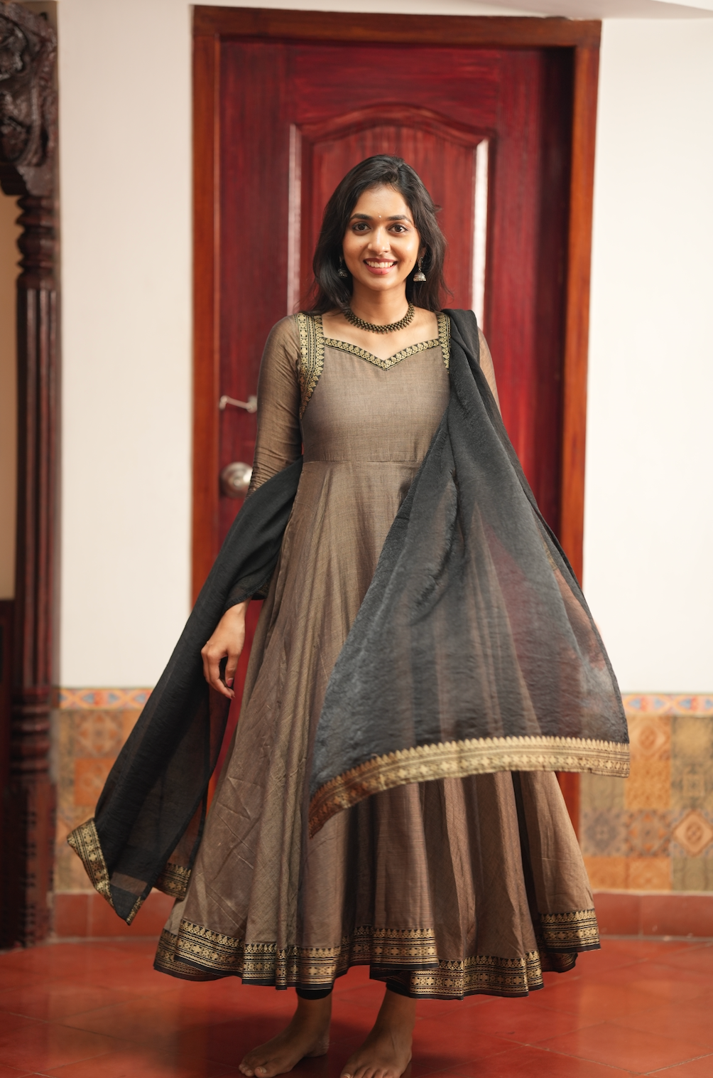 Rukmini – Grey Narayanpet Anarkali with Black Dupatta