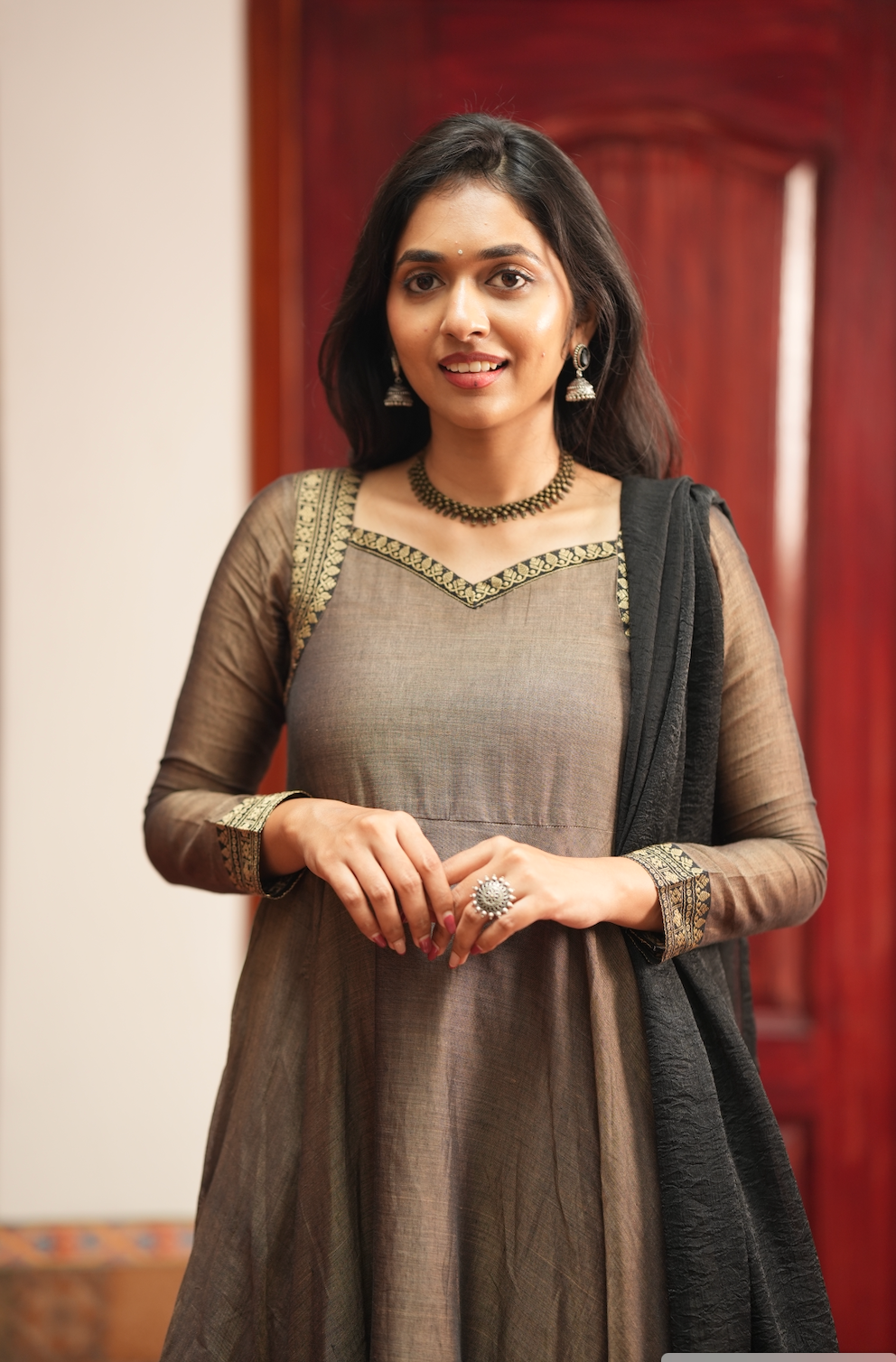Rukmini – Grey Narayanpet Anarkali with Black Dupatta