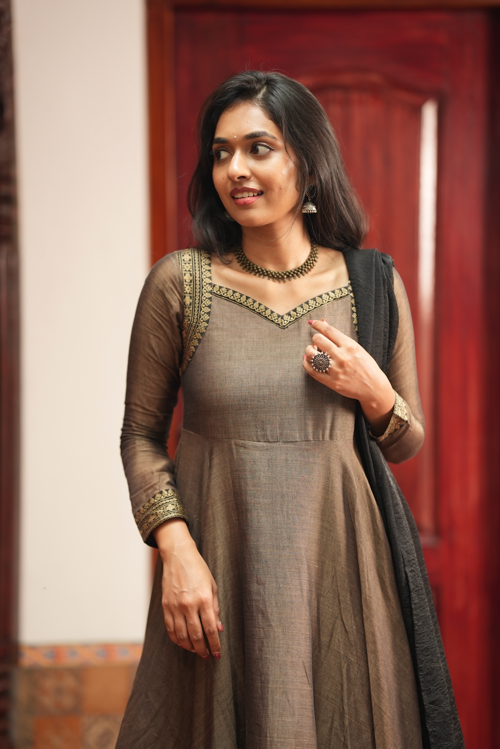 Rukmini – Grey Narayanpet Anarkali with Black Dupatta