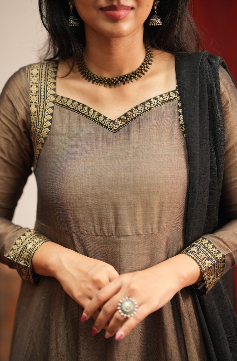 Rukmini – Grey Narayanpet Anarkali with Black Dupatta