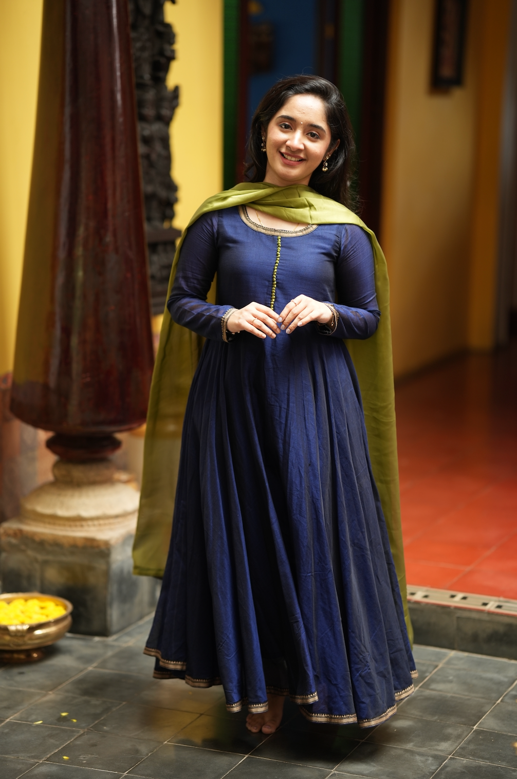 Bhama – Blue Narayanpet Anarkali with Olive Dupatta