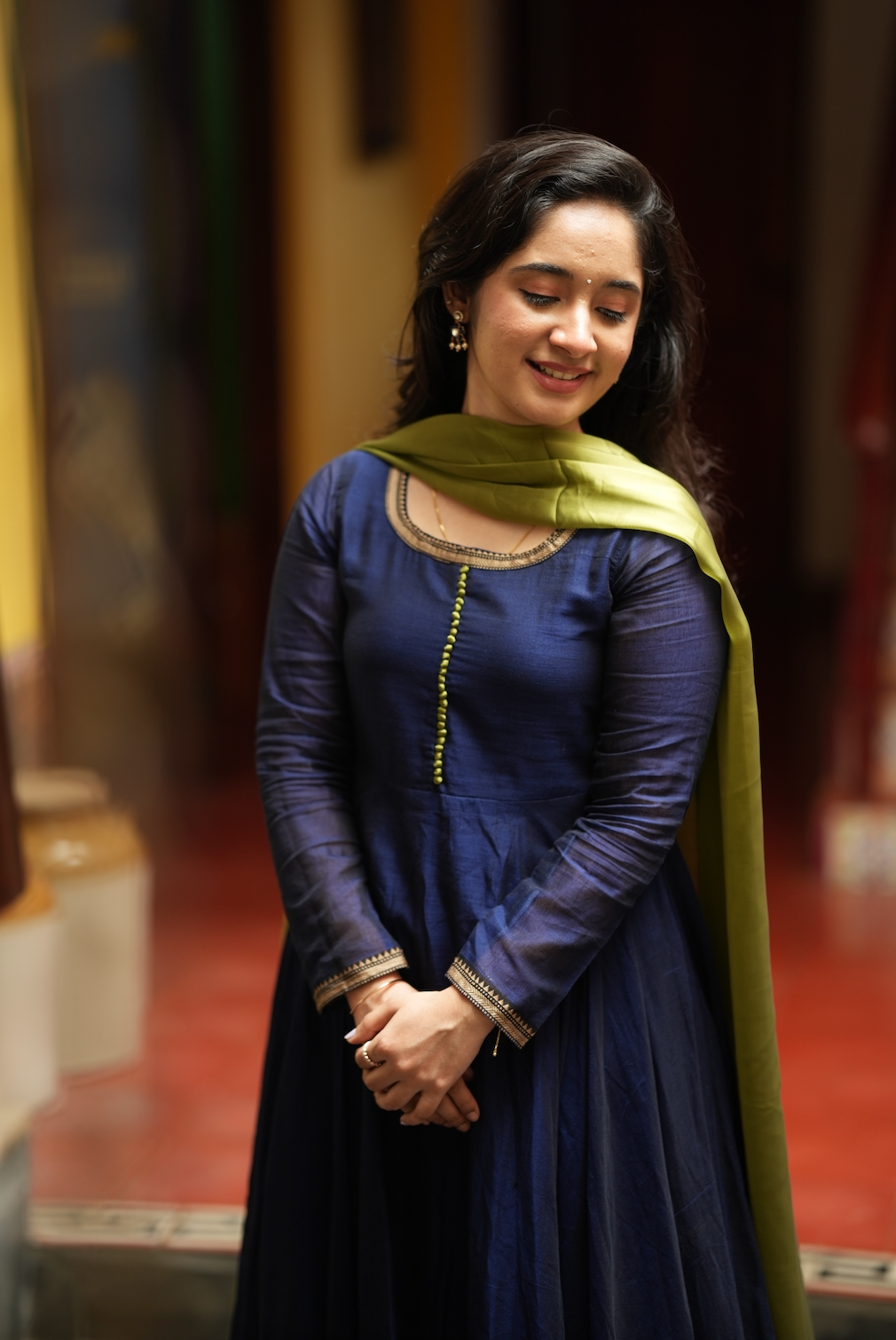 Bhama – Blue Narayanpet Anarkali with Olive Dupatta