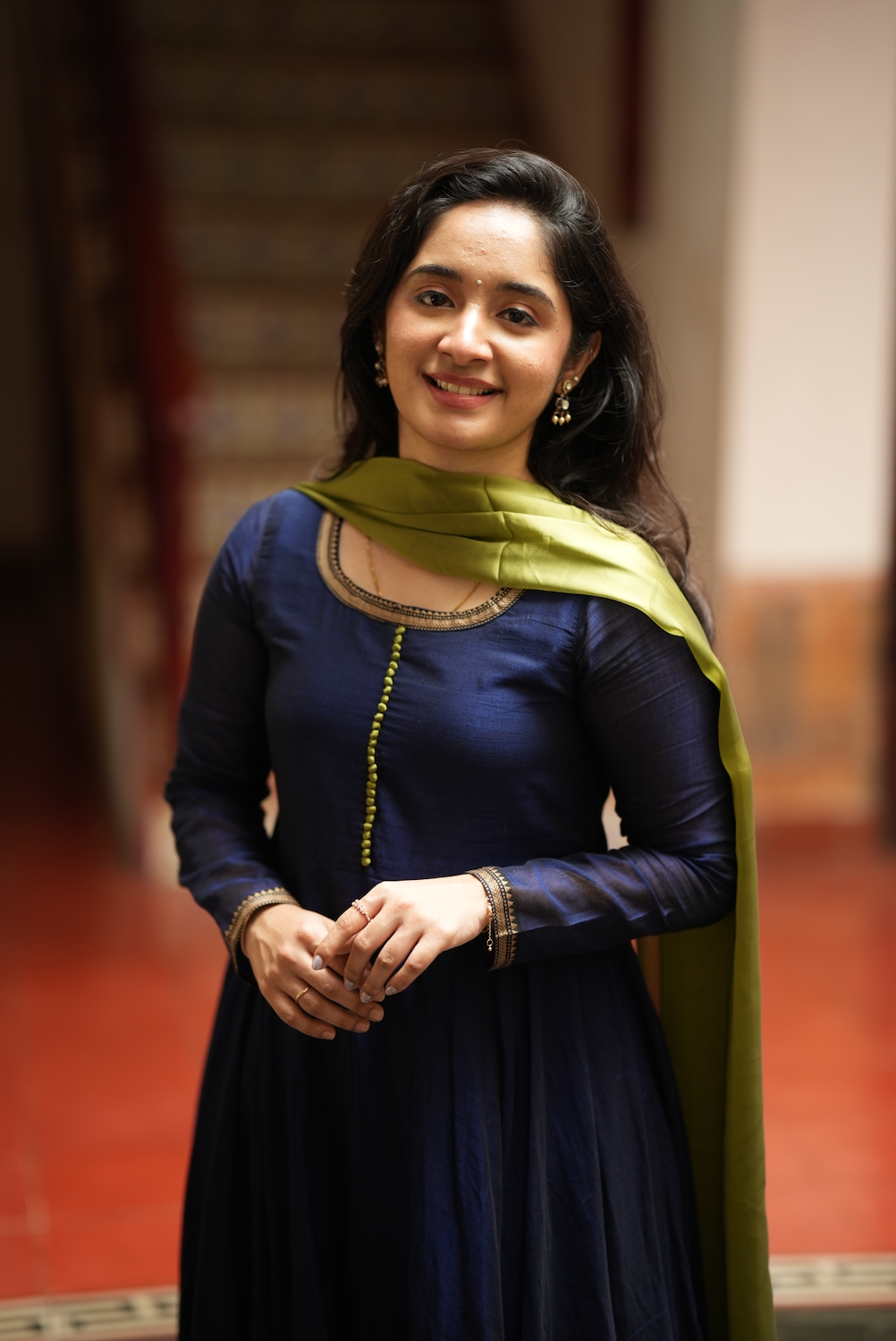 Bhama – Blue Narayanpet Anarkali with Olive Dupatta