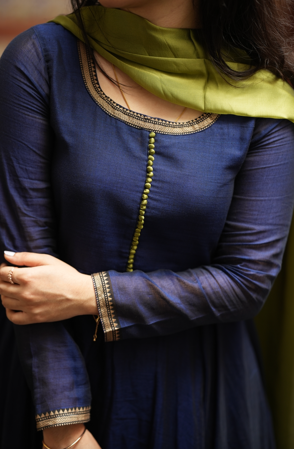 Bhama – Blue Narayanpet Anarkali with Olive Dupatta