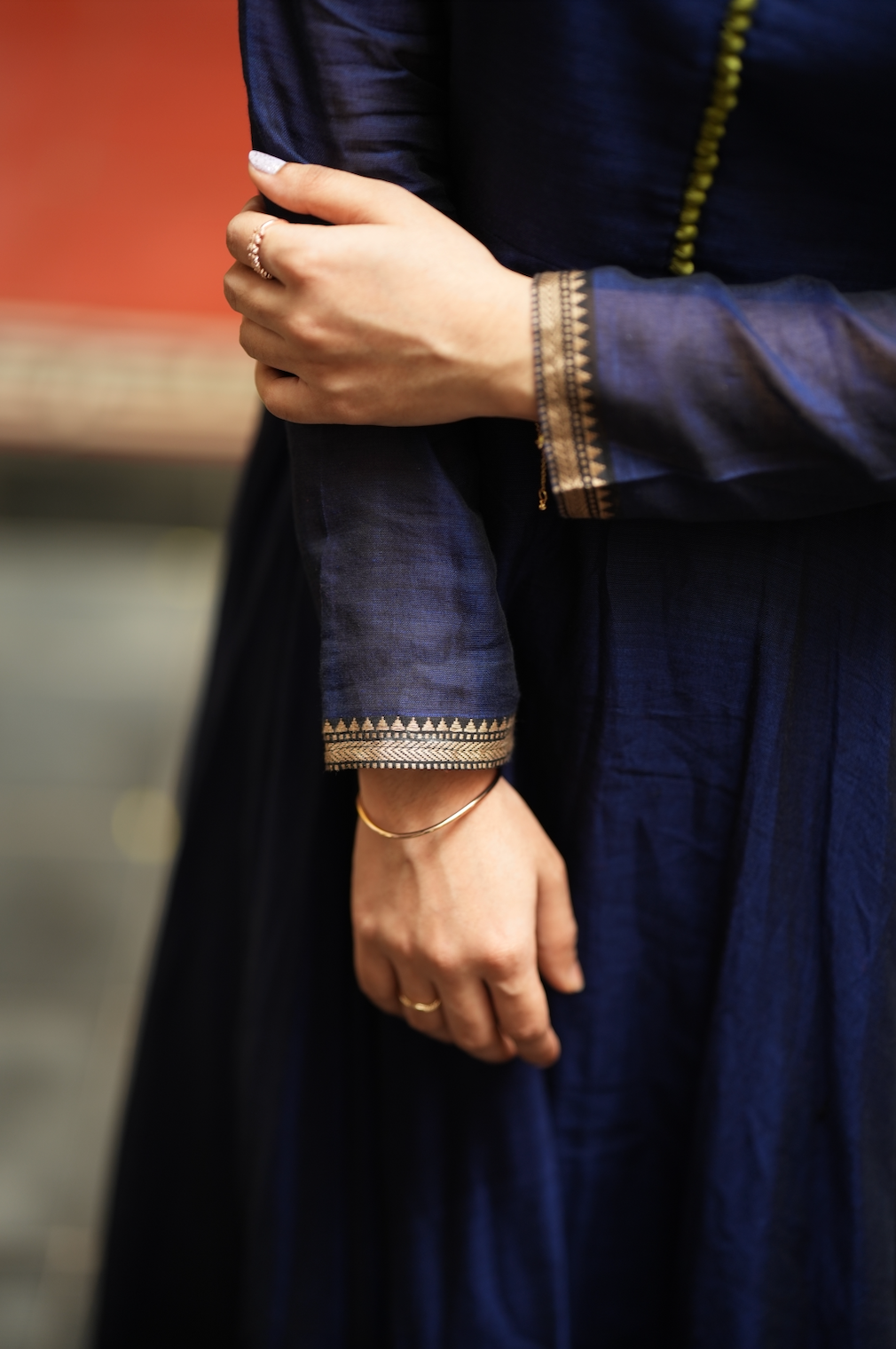 Bhama – Blue Narayanpet Anarkali with Olive Dupatta